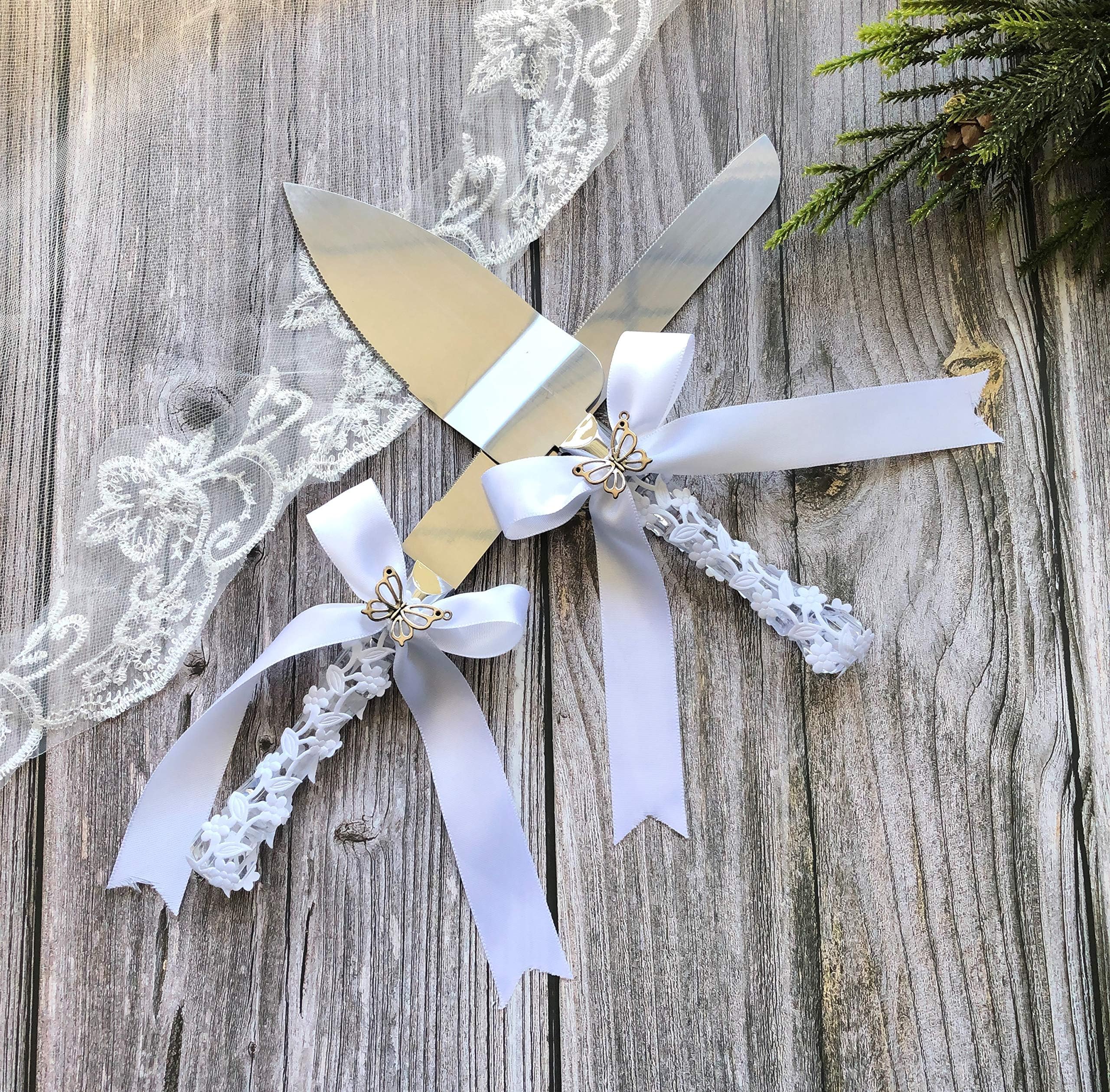 Abbie Home Wedding Cake Knife and Server Set - Flower Wrapped Handle with Silk Bow and Rhinestone Jewelry Décor White WAZY-L24