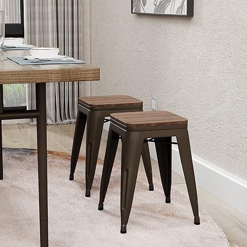 Miniatura 6 de Andeworld Juego de 4 taburetes de 18 pulgadas, sillas de comedor de metal industrial con asiento de madera, taburetes cortos de cocina apilables 18