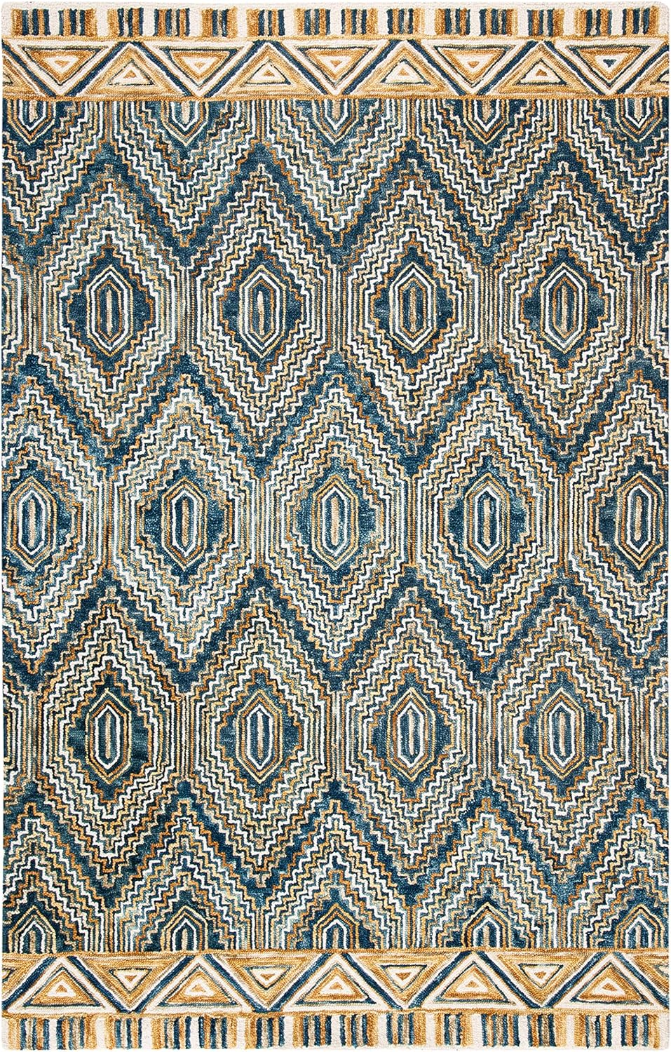 SAFAVIEH Aspen Collection Area Rug - 6' x 9', Blue & Gold, Handmade Boho Wool, Ideal for High Traffic Areas in Living Room, Bedroom (APN822M)