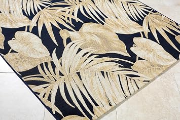 BoutiqueRugs Indoor/Outdoor Midnight Blue 5x7 Area Rug Floral Coastal Gold Beige Amirah Living Room Bedroom Dining Room Home Office Apartment 53" x 71" Stain Resistant Non-Shedding Pet Friendly