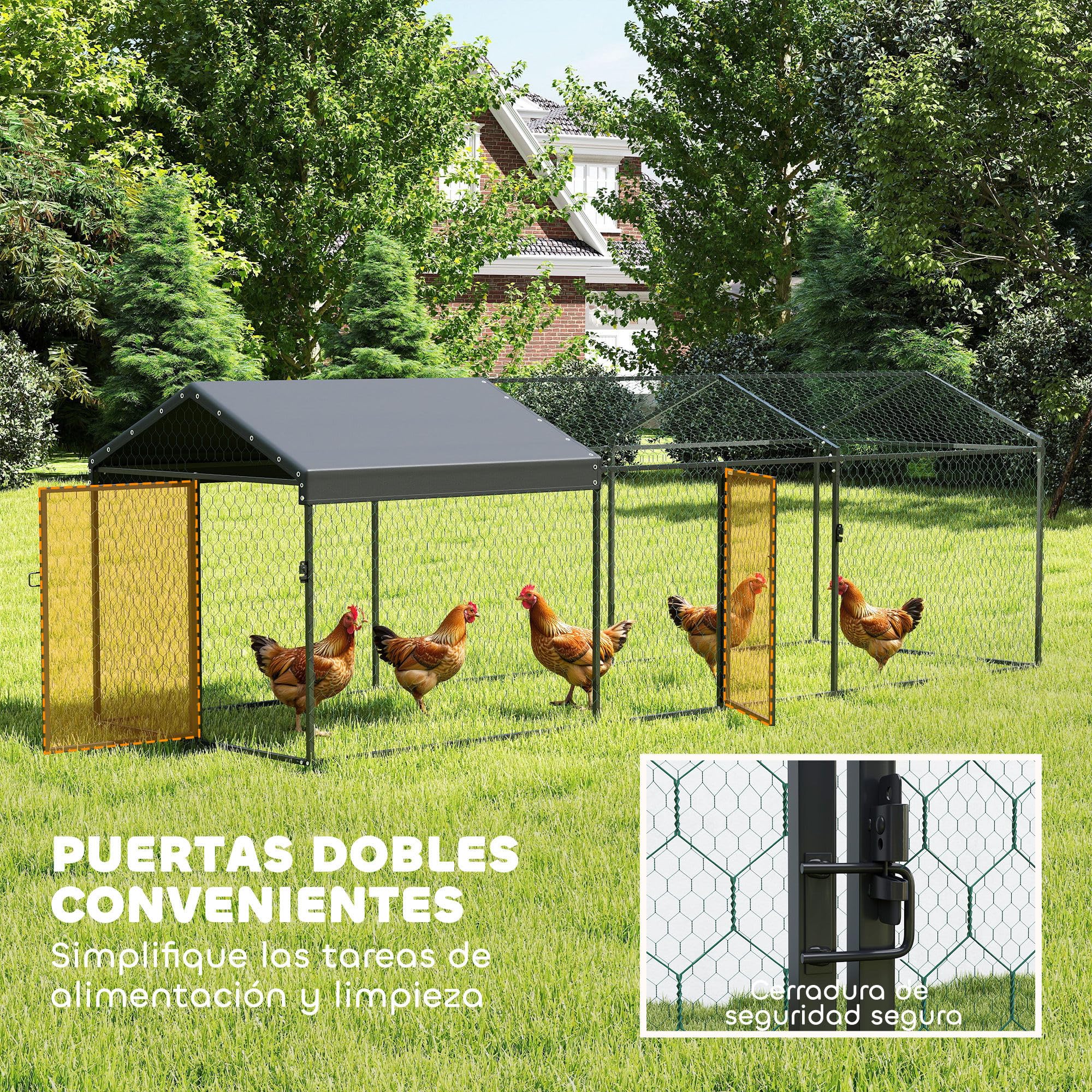 PawHut Gallinero Exterior Grande 3x1x1 m Metálico Cubierta Tela Oxford Anti-UV Impermeable 2 Puertas Cerradura Jaula 3-5 Gallinas Negro