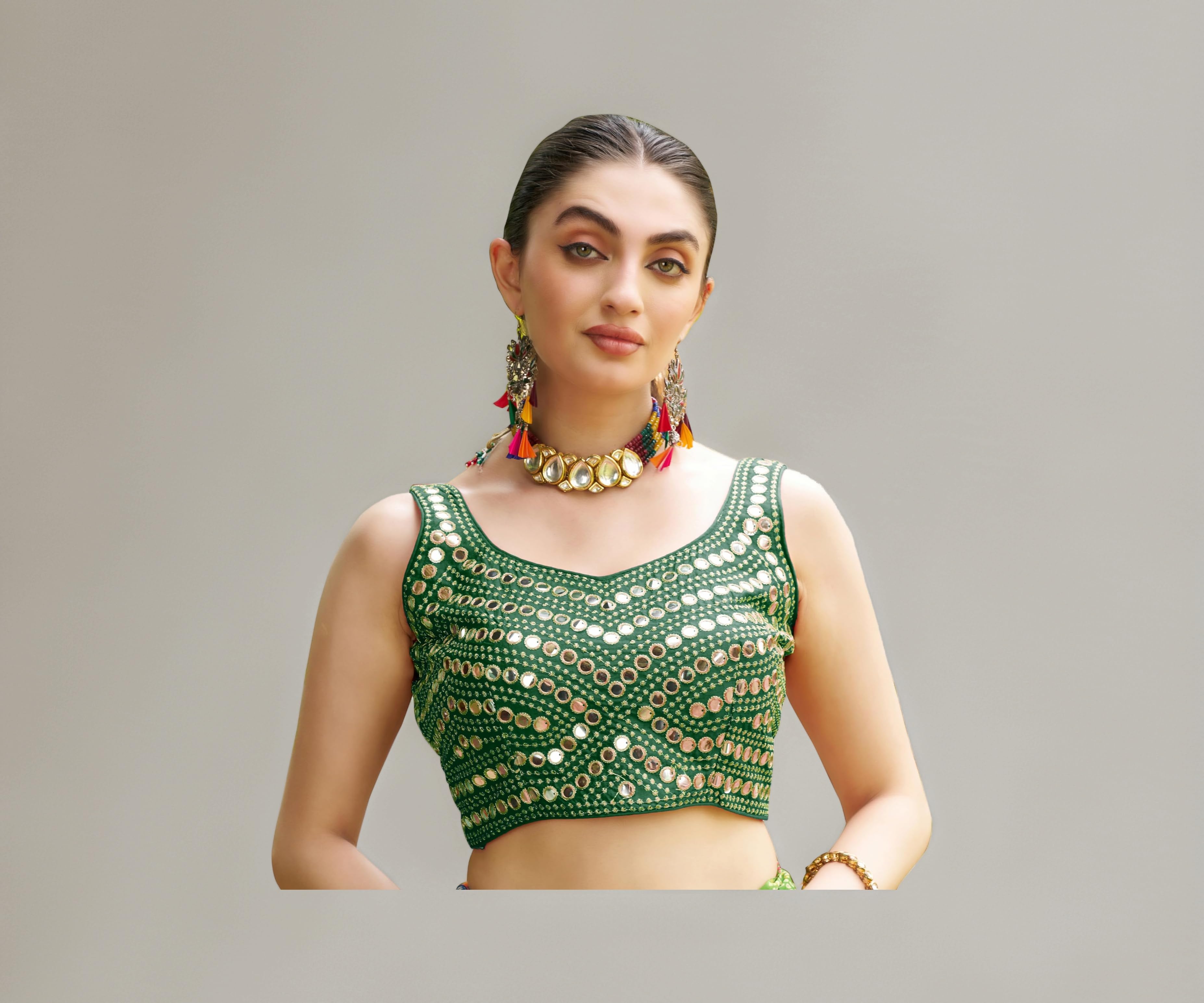 Pujia Mills Women's Embroidery Work Real Mirror Sleeveless Readymade Blouse