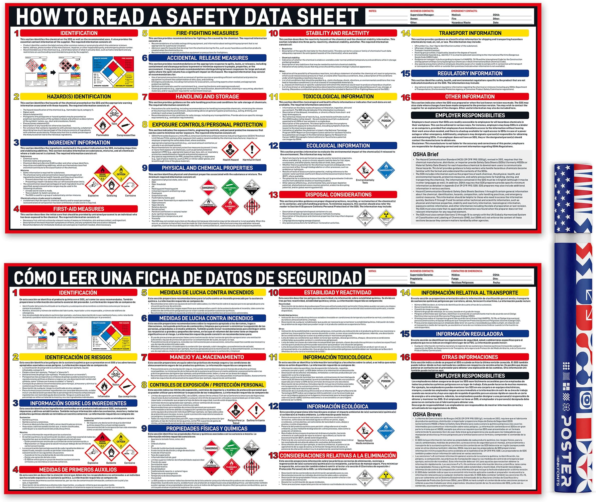 2025 How To Read A Safety Data Sheet Poster | SDS/MSDS Poster 18 x 40 Inch | Waterproof & Tearproof | OSHA HMIS Compliant | English & Spanish Safety Data Sheet Guide for Workplace Safety