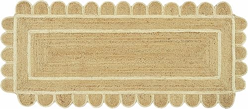 Miniatura 2 de GRUHUM Alfombra de yute festoneado de 2 pies 6 pulgadas x 6 pies, base natural, ribete blanco roto, tejida a mano, reversible, suave, trenzada, de