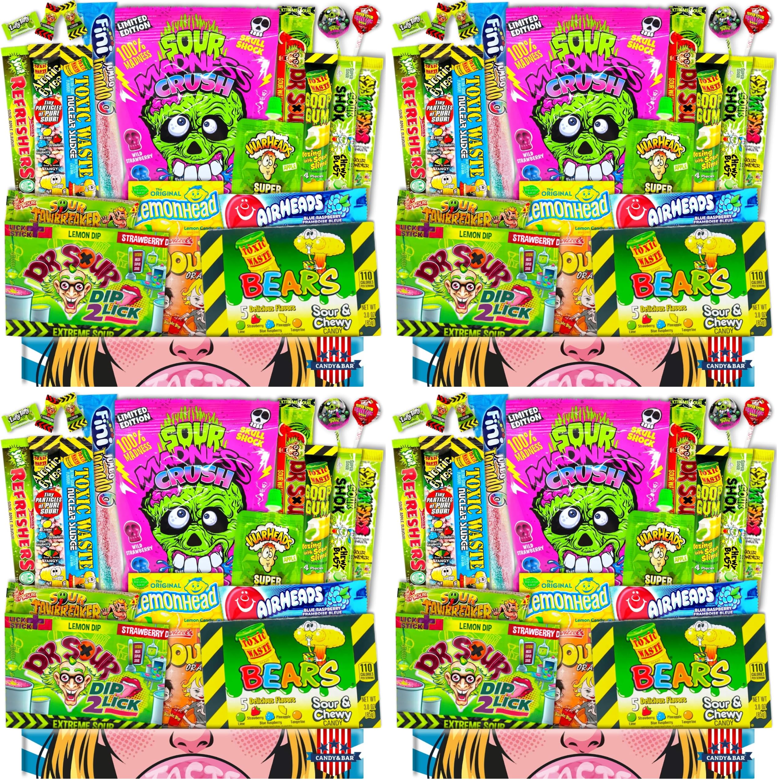 Saure USA Süßigkeiten Box [20 Stück] | Sour Candy Mix amerikanischer Marken | Saure Snacks Geschenkbox | Für Gamer Freunde & Fans | Candy & Bar® (Packung mit 4)