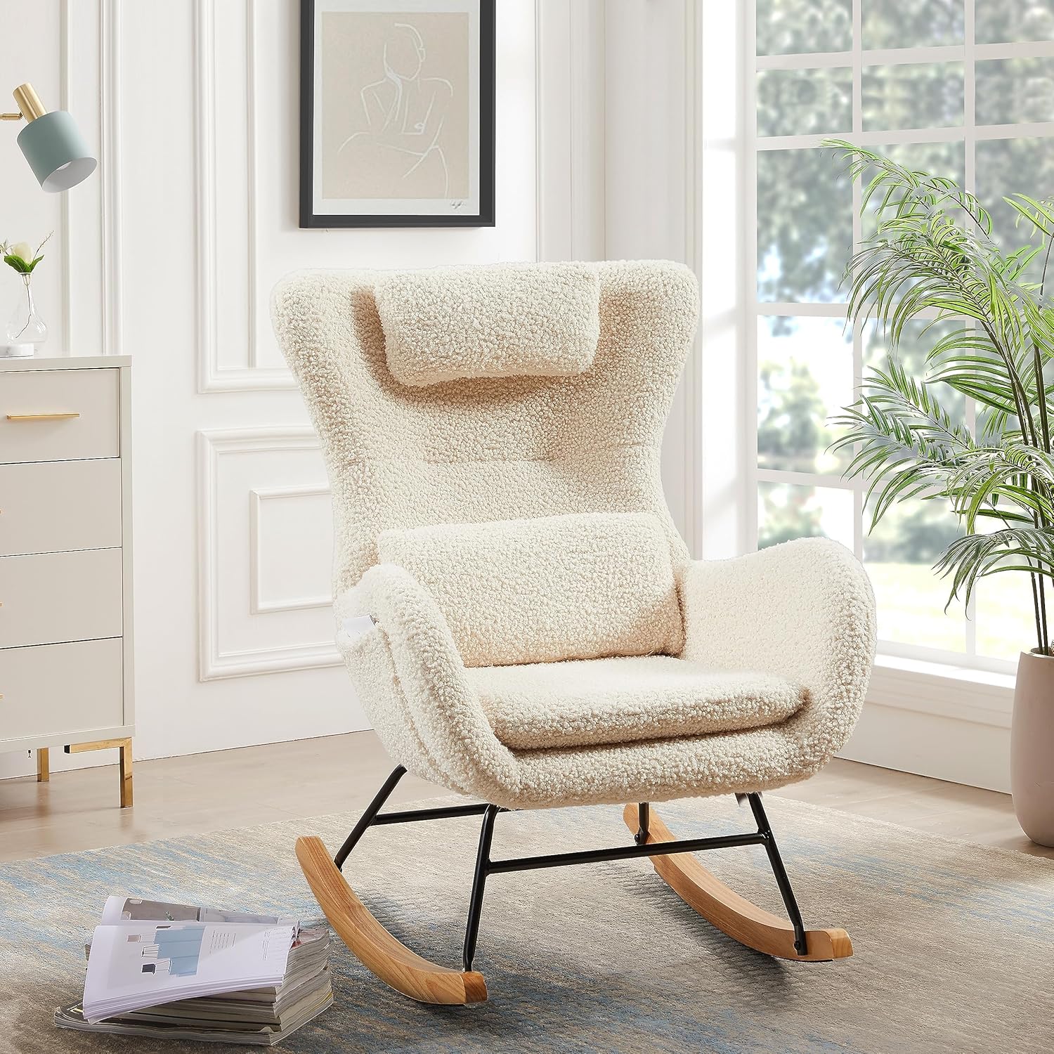 LUSPAZ Small Rocking Chair Nursery, Modern Rocker Chair with High Backrest, Comfy Accent Glider Chair with Headrest and Throw Pillow, Beige