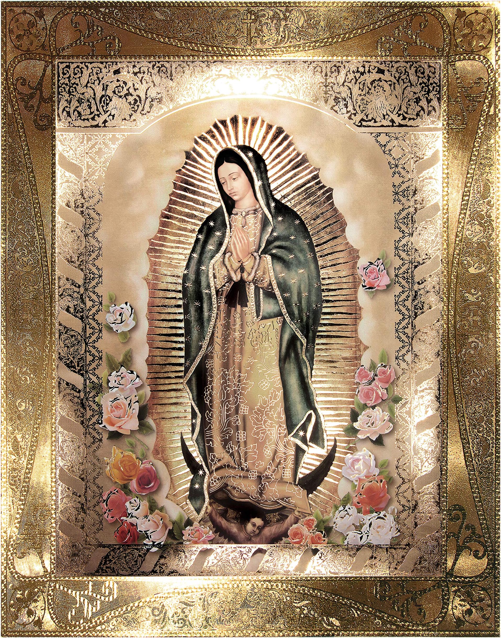 Our Lady Of Guadalupe Body Portrait Roses Gold Border Foil (10"x12") Religious Wall Art Print Poster