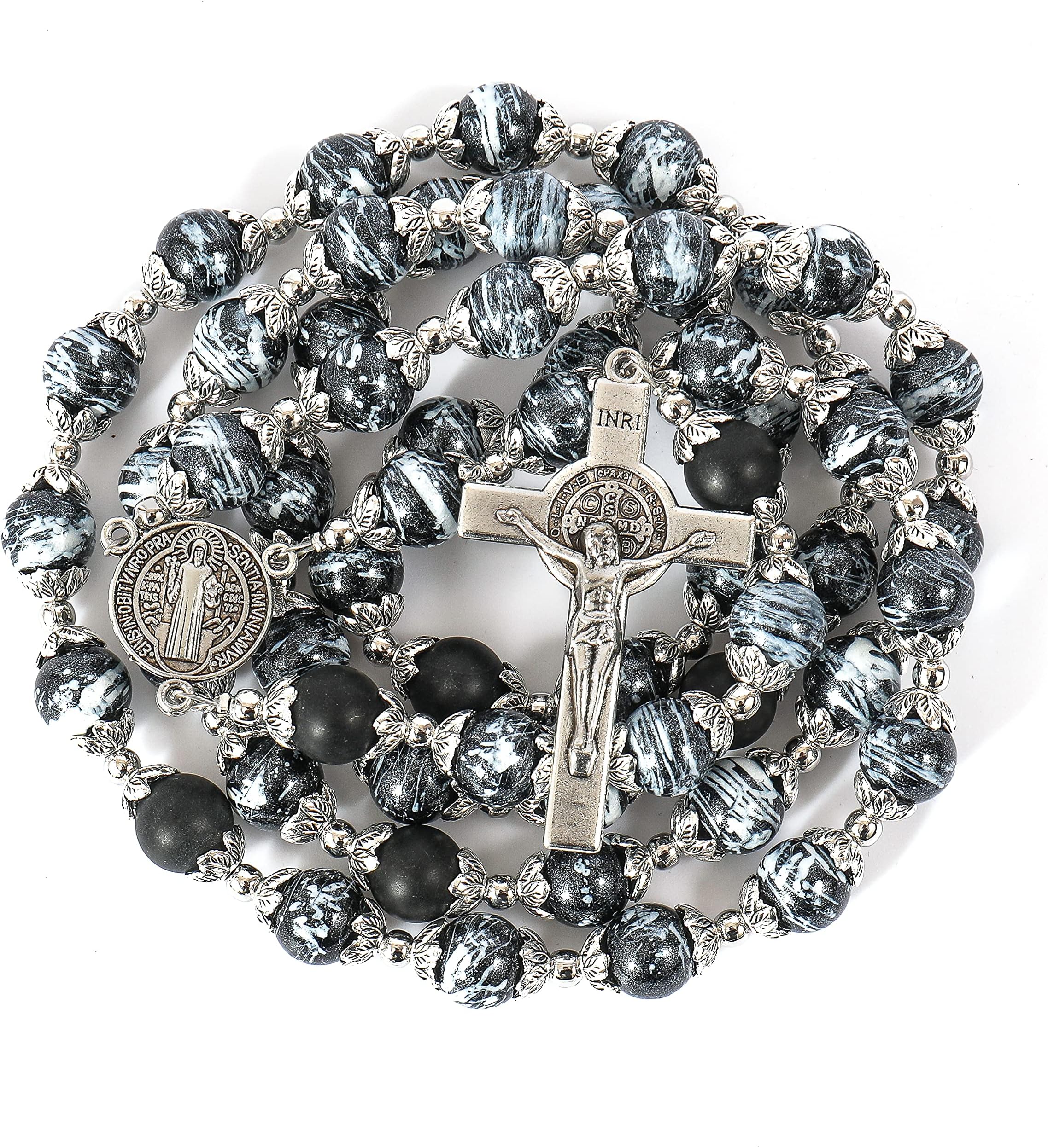 St Benedict Crystallized Glass Beads Rosary Necklace Agate Our Father Beads Saint Medal & Catholic St.Benedict Cross