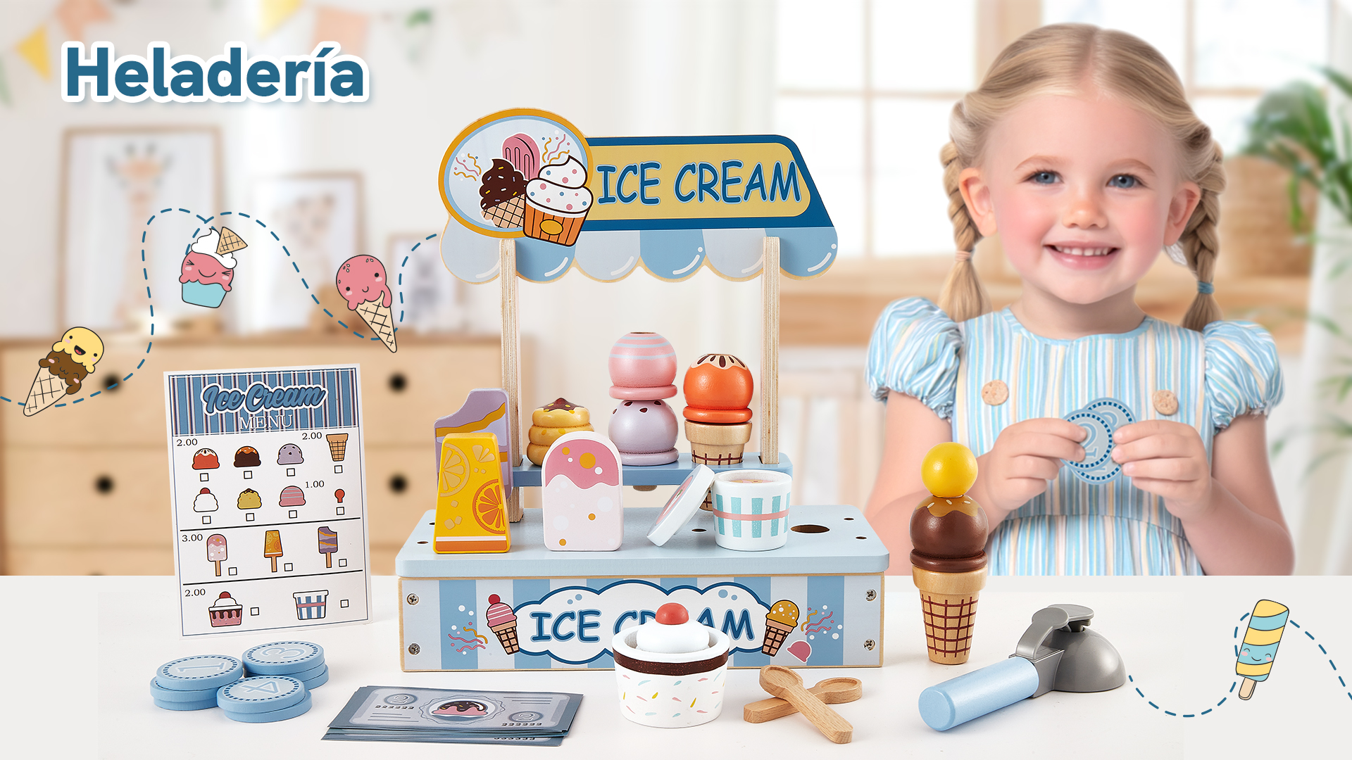 HERSITY Carrito De Helados De Madera – Set De Juego De Roles Con Bolas De Helado, Paletas, Conos, Vasos, Menú Y Monedas – Juguete Educativo Para Niños De 3 A 5 Años, Azul