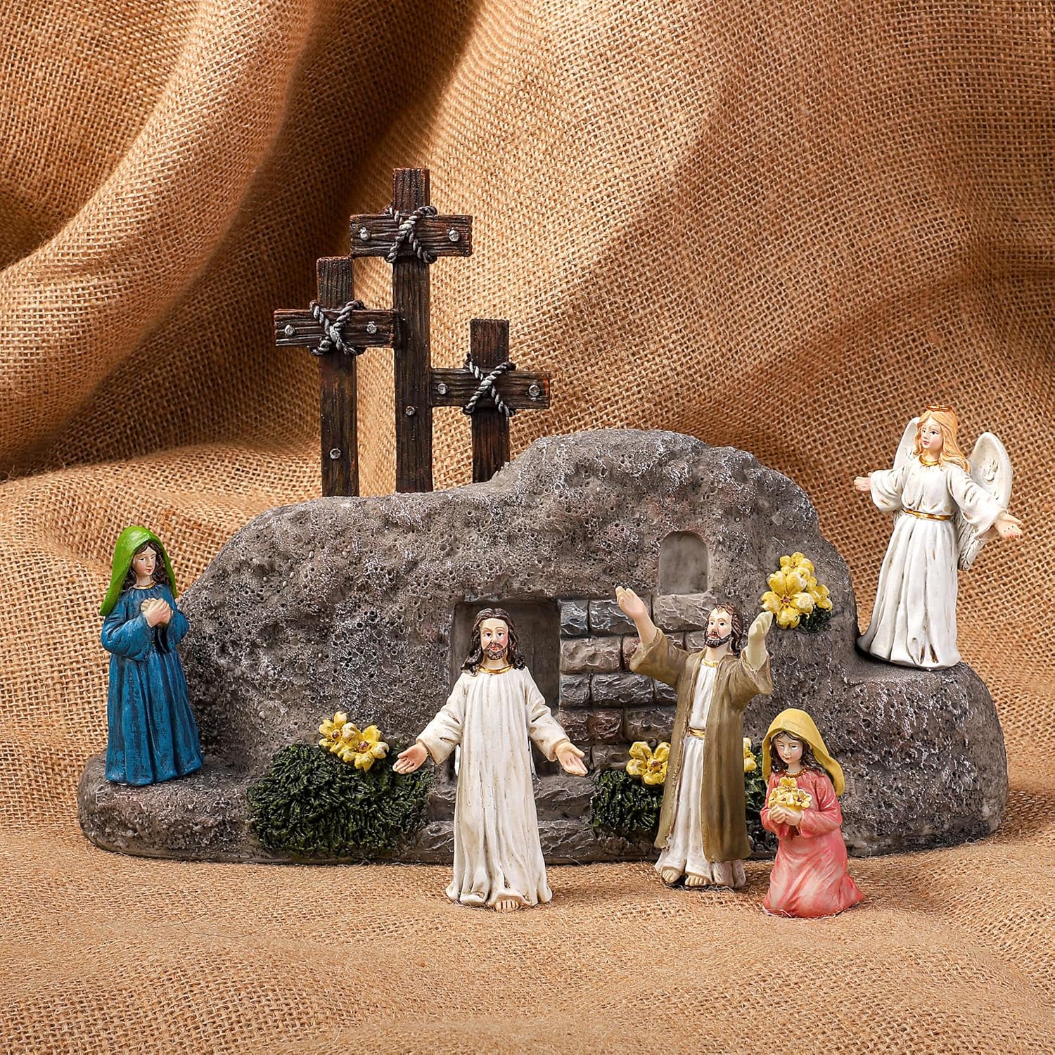Fovths 7 Pack Easter Resurrection Scene Cross Table Decor Easter Resin Tabletop Ornaments Jesus Statue Centerpieces Decor for Home Kitchen Holiday Decoration