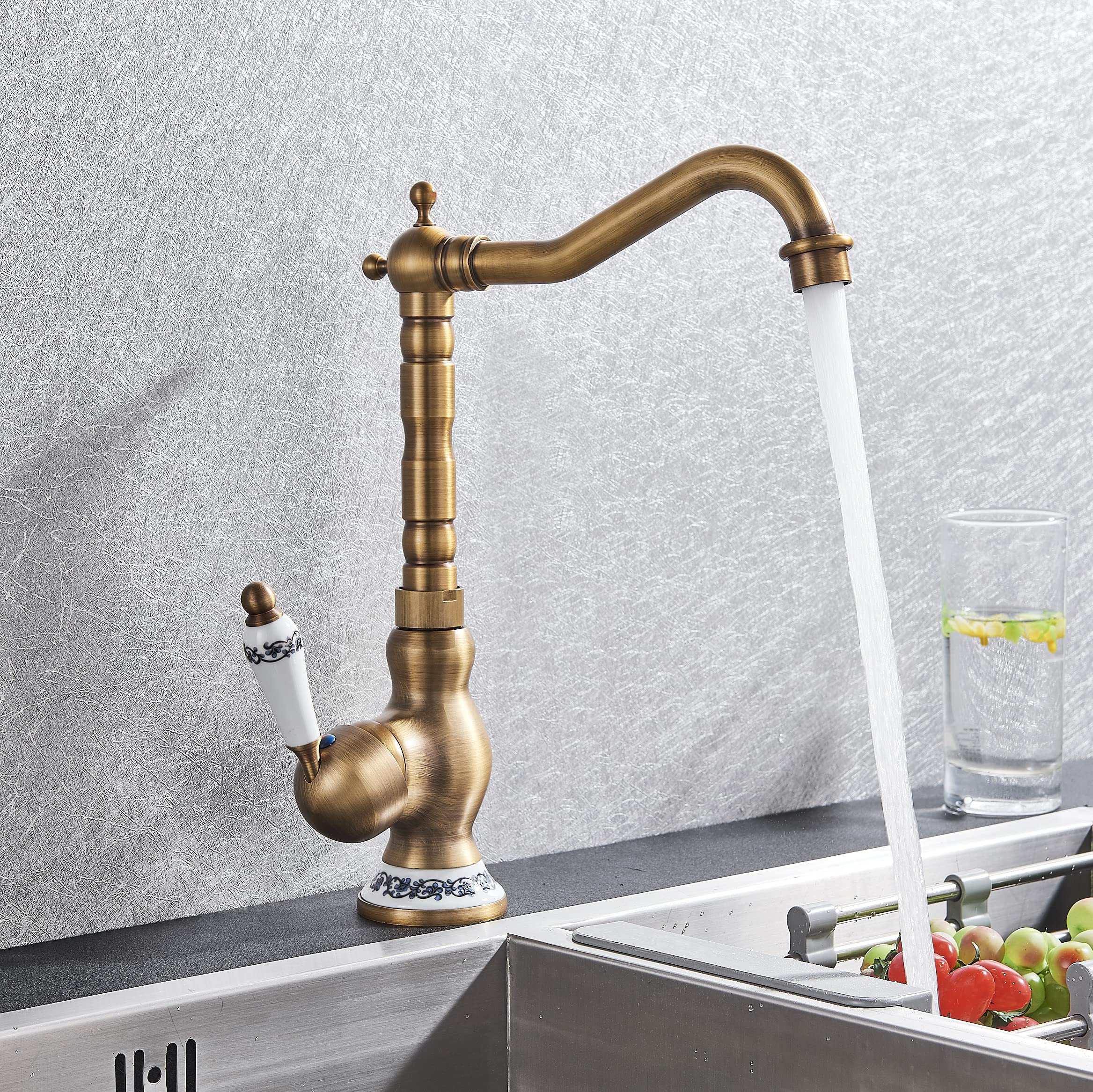 Grifo de Latón Antiguo con caño Giratorio de Cascada para Fregadero, Lavabo, de Cerámica Blanca Manejan Americano De Solo Agujero De Mezclador