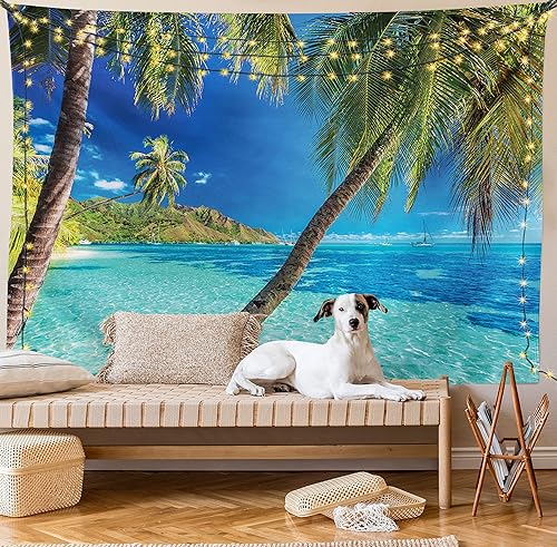 Miniatura 8 de Ambesonne Tapiz de océano, imagen de una isla tropical, tema de playa, estampado de palmeras y mar claro, decoración de tela para colgar en la pared
