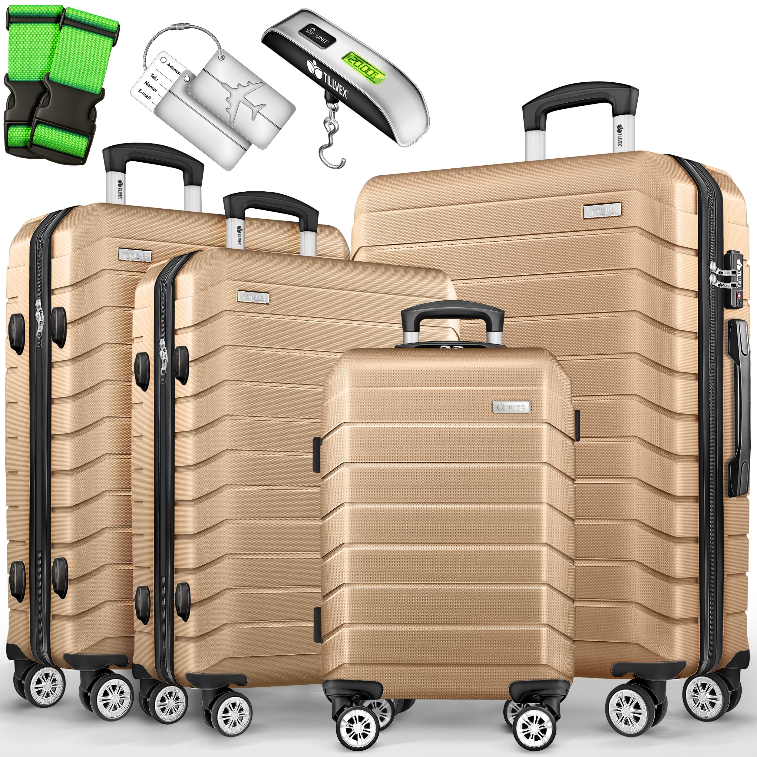 tillvex® Reisekoffer Set 4-teilig + Gepäckwaage, 8X Koffergurte & 4X Kofferanhänger | Kofferset 4 Rollen | Trolley Gepäck Koffer TSA Schloss | Hartschalenkofferset S-M-L-XL