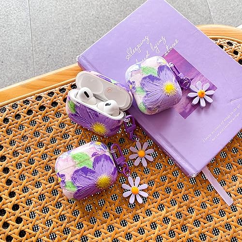 Miniatura 2 de Funda compatible con Airpods, pintura al óleo, funda protectora con llavero de flor, accesorios para AirPods estuche de carga 2 y 1 (flor morado)