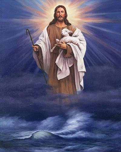 Imagen de impresión católica - CRISTO SOBRE EL CORDERO DE AGUA - 8" x 10" listo para ser enmarcado