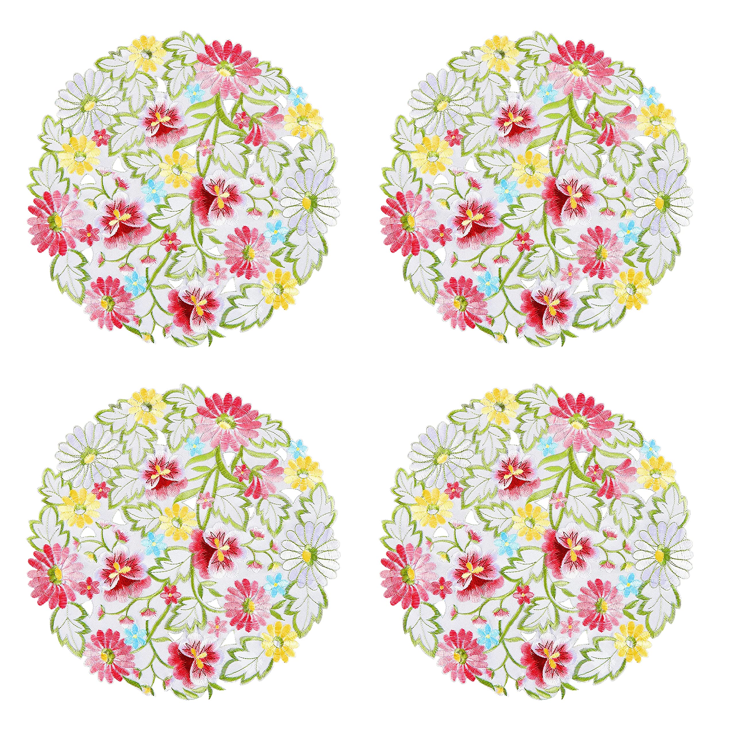Spring Flower Placemat 14" Set of 4 Round Embroidered Flowery Table Placemats Cutwork Table Doily Home Kitchen Dining Spring/Summer Tabletop