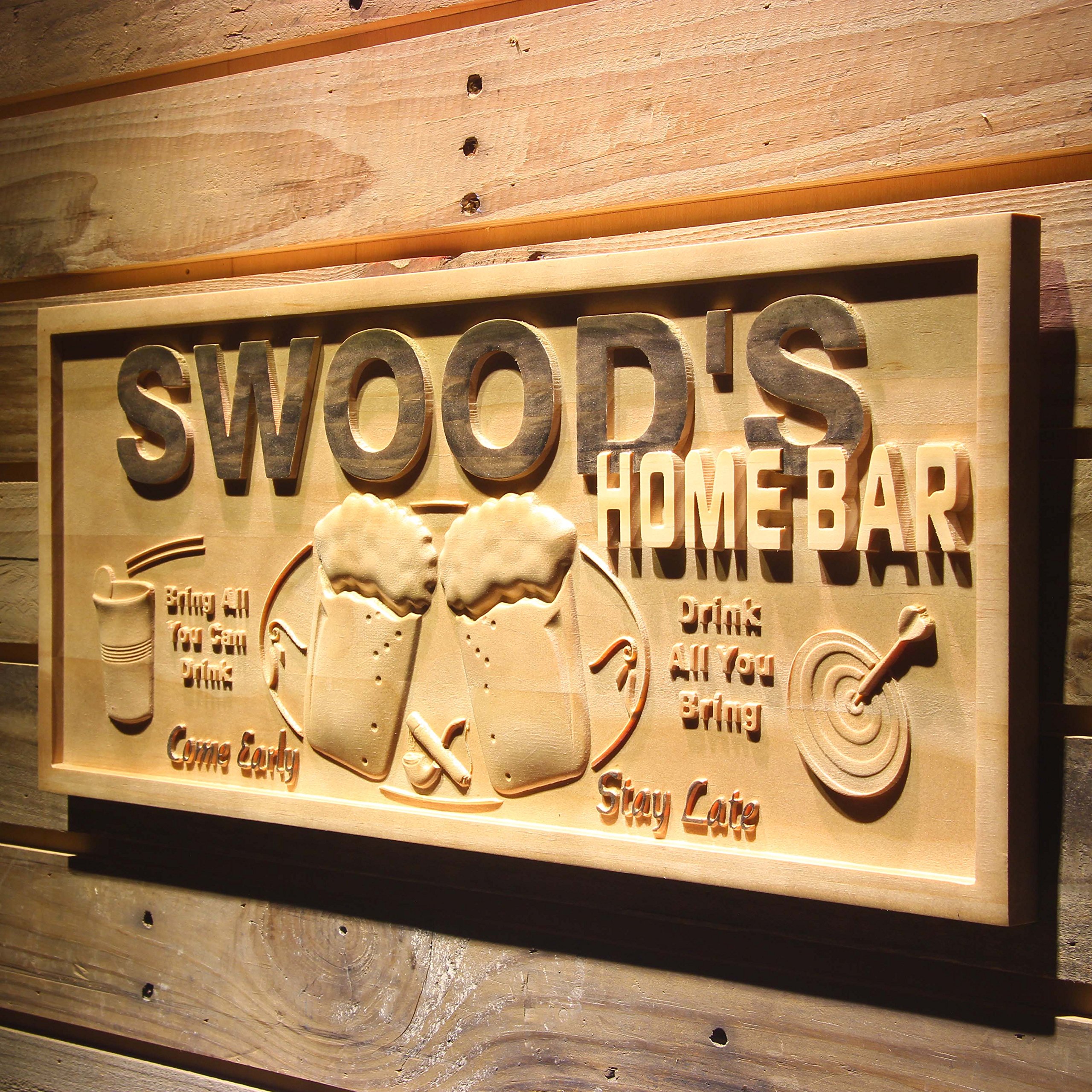 AdvProwpa0053 Name Personalized Home Bar Wooden 3D Engraved Sign Custom Craved Bar Beer Home Décor Lake House Plaques Game Room Den Wood Signs - Standard 23 x 9.25