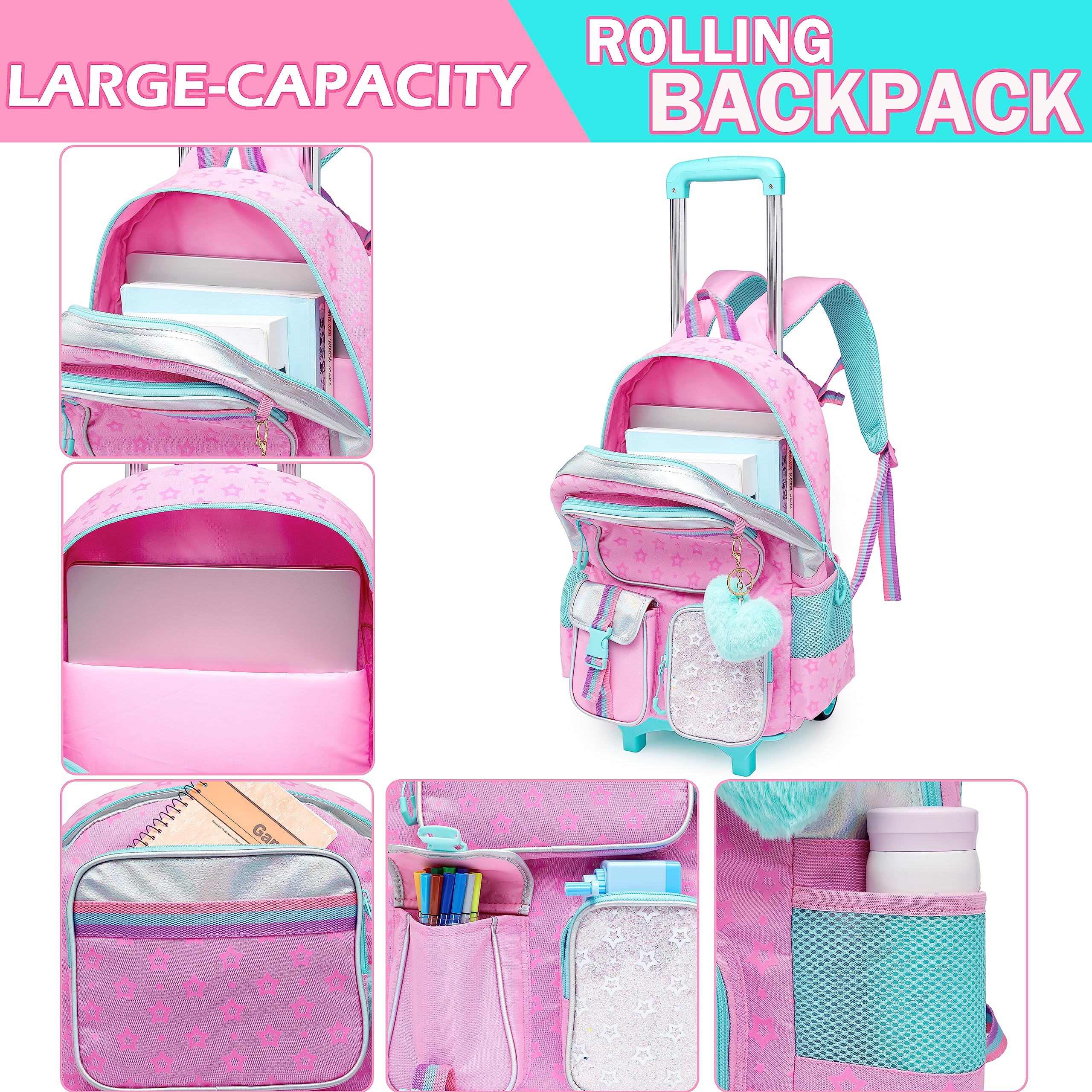 Meetbelify Einhorn Rollrucksack für Mädchen 5 in 1 Grundschüler Schule Rucksäcke mit Rädern Reisegepäck 17 Zoll Kinder Laptoptasche mit Brotdose für Teenager Mädchen