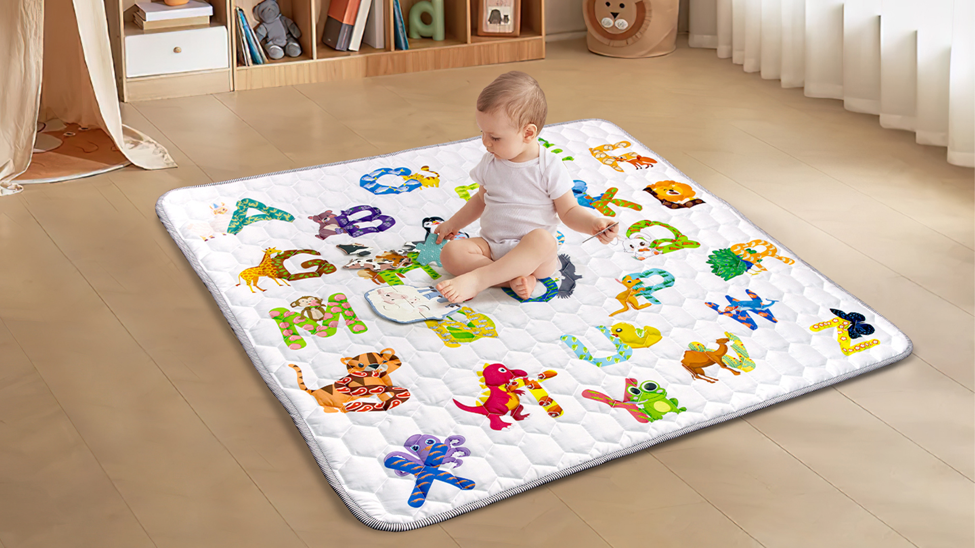 Tapis De Jeux Bébé Pliable 127x127cm Épaissi 2cm - Tapis D'Éveil Antidérapant Lavable Animaux Bohèmes