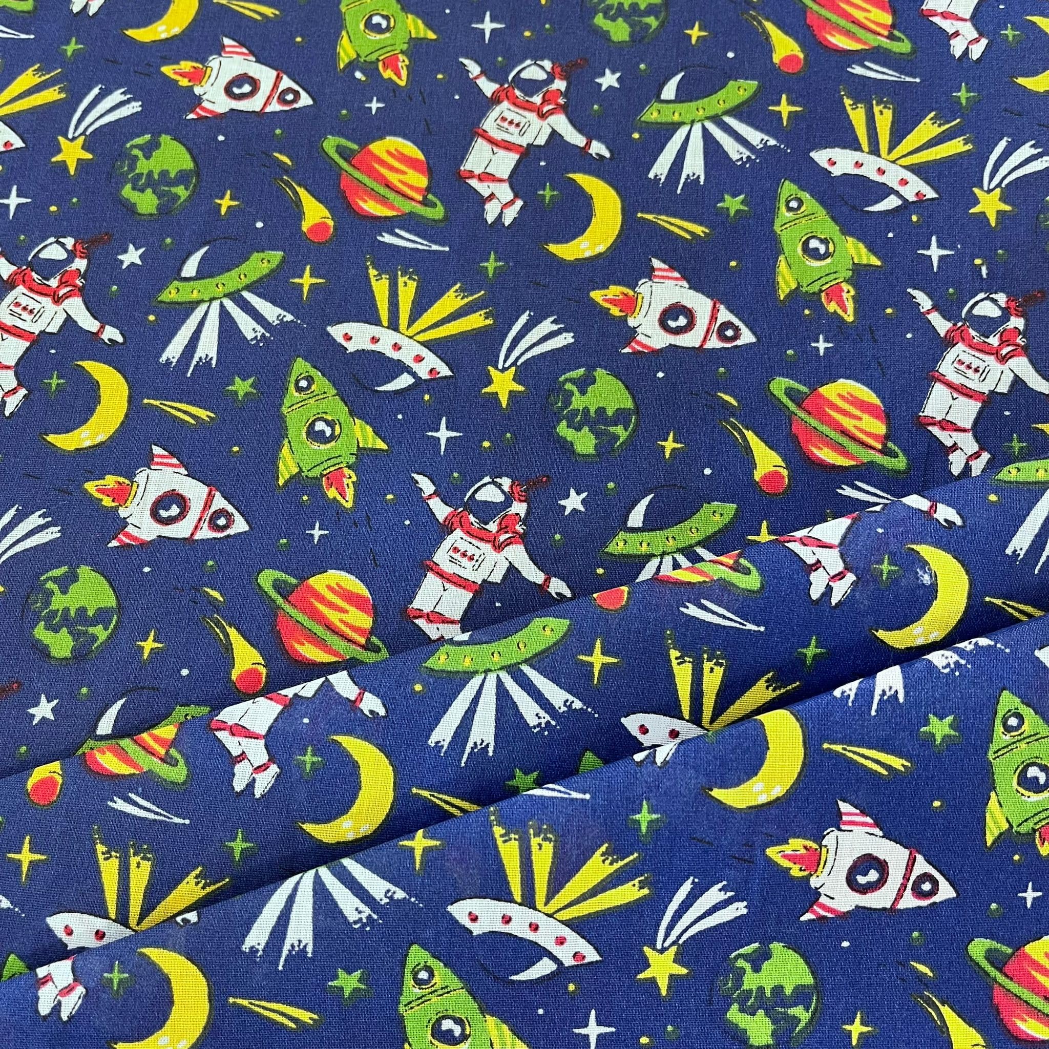 Kayes Textiles Blue Space And Astronaut Print Polycotton Fabric 112Cm/44'' Wide, Rockets And Planets Design - Select Colour (Blue)