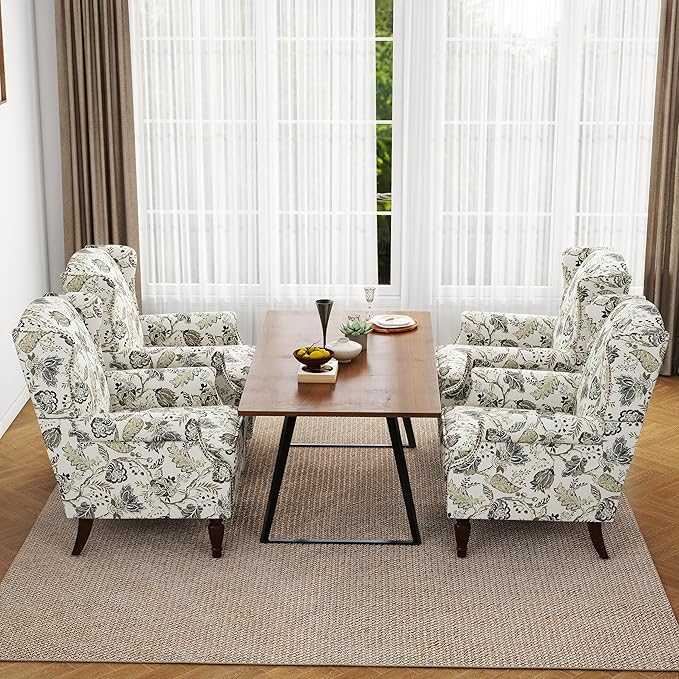 Sillón Tapizado Alto Respaldo Flores Beige Madera miniatura 7