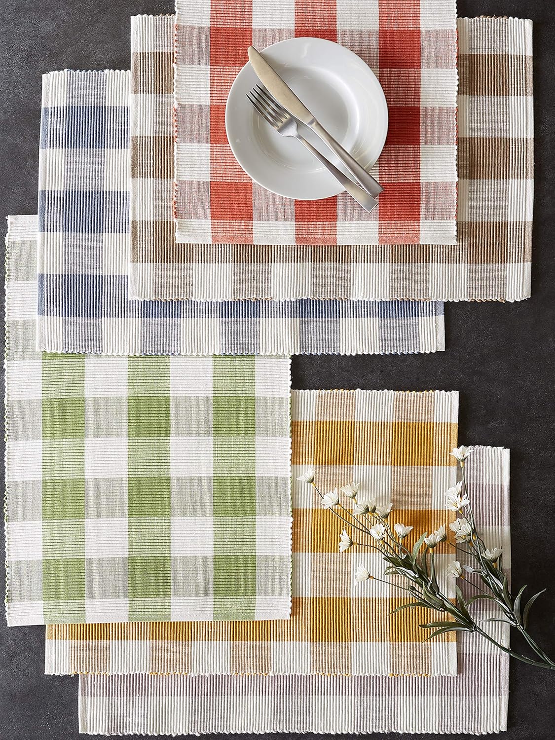 DII Buffalo Check Collection, Classic Farmhouse Tabletop Set, Placemat Set, 13x19, Stonewash Blue, 6 Piece