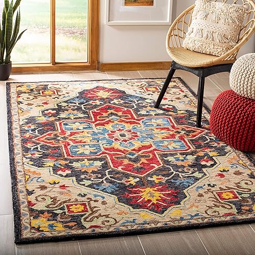 SAFAVIEH Aspen Collection APN511H - Alfombra de lana bohemia hecha a mano de 8 x 10 pies, color carbón y crema