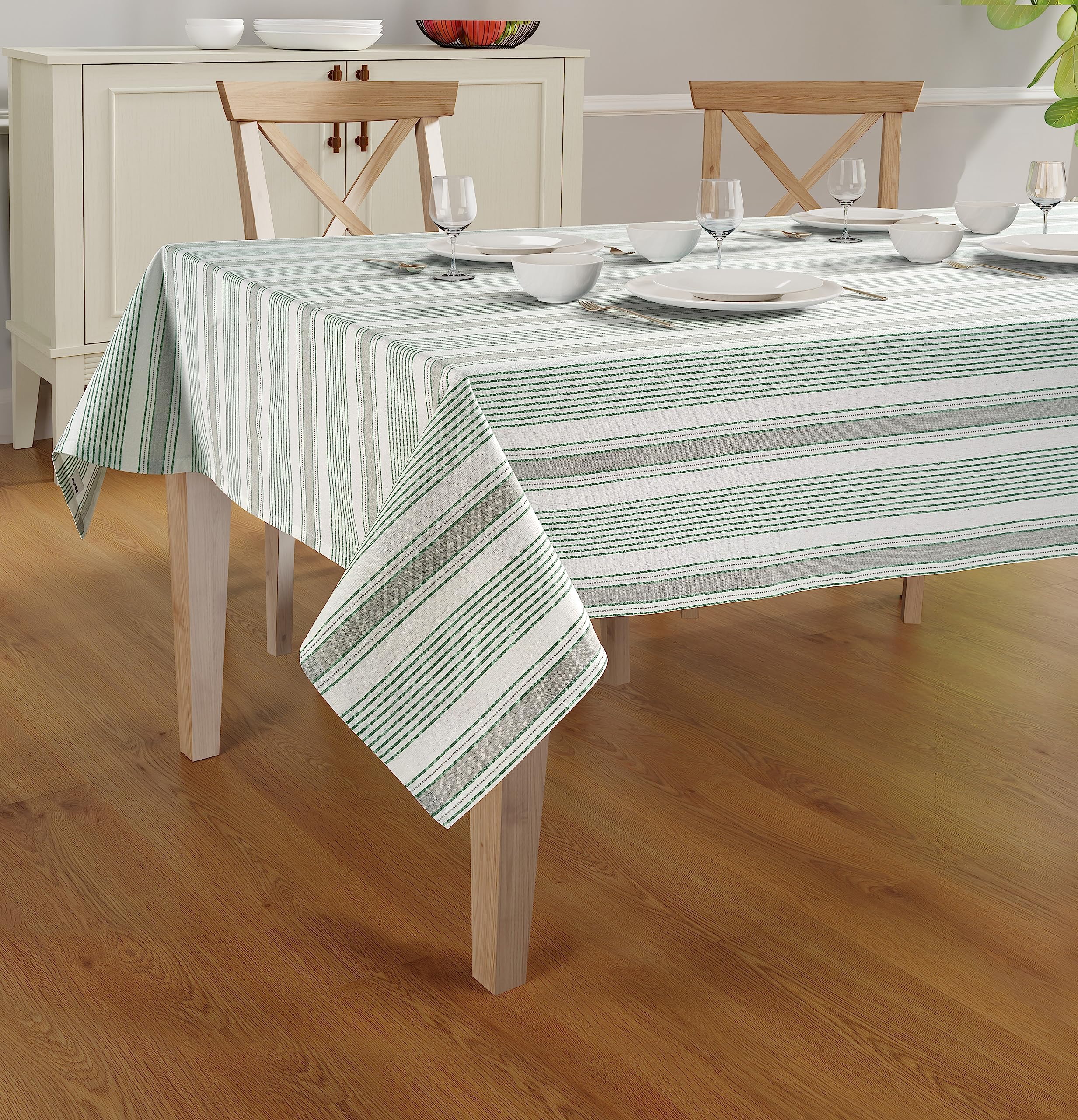 Casa De Lan Dobby Stripe Tablecloth. 100% Cotton Ring Spun Mitered Stitched Cotton Tablecloth in Size (60x84 inches). Rectangle/Oblong. Color : Olive-Green