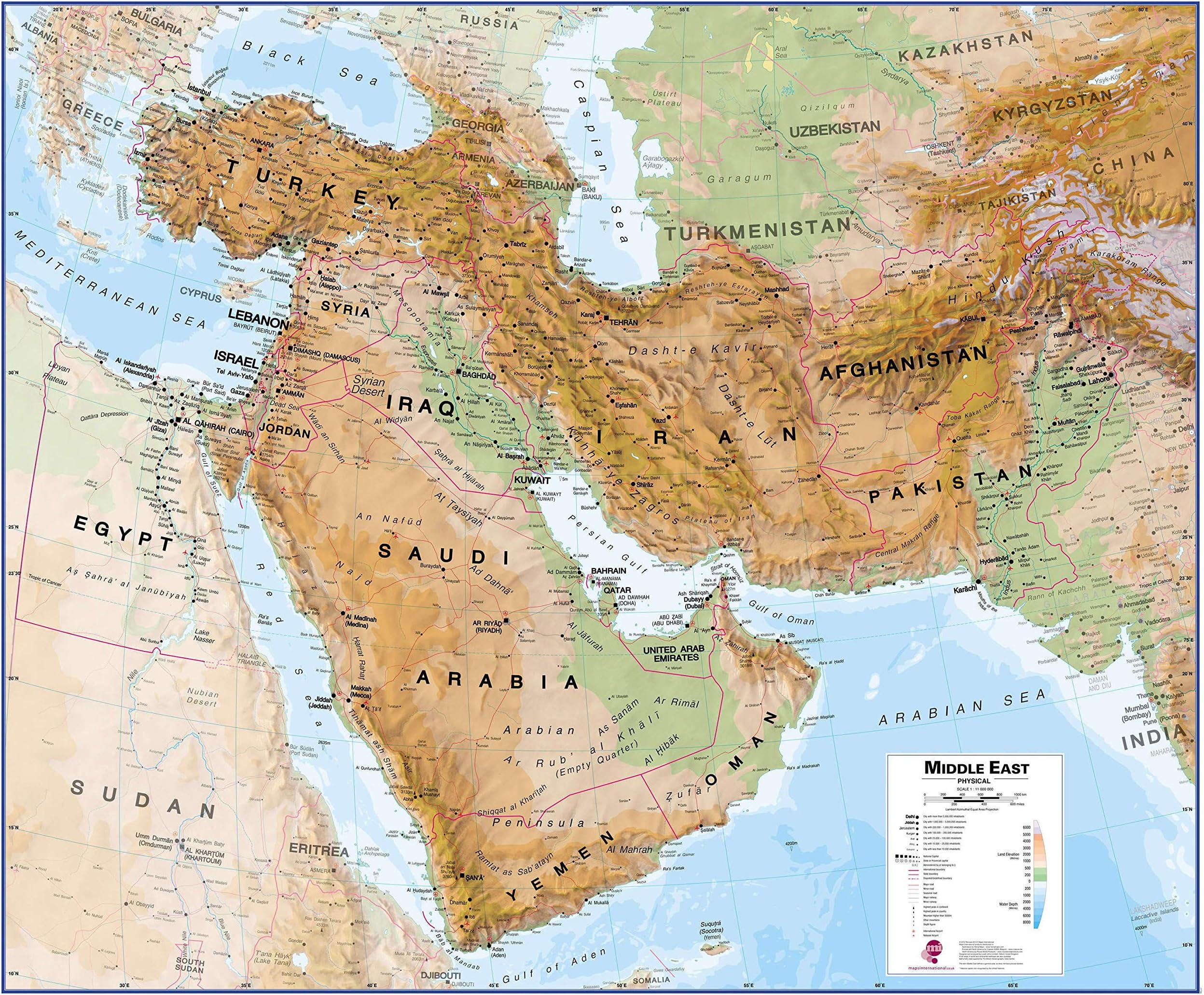 Maps International Huge Physical Middle East Wall Map - Laminated - 46 x 55