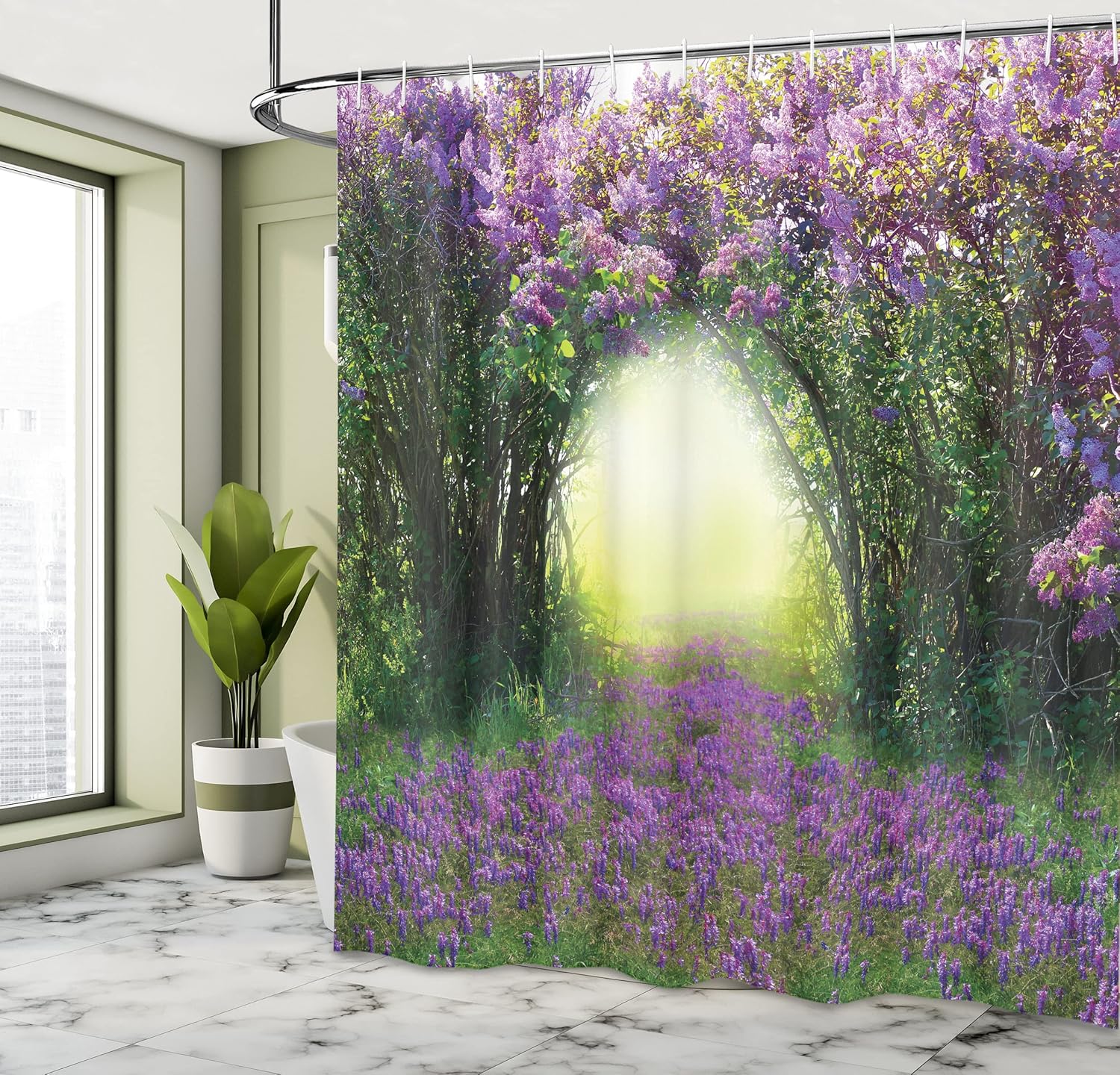 Ambesonne Garden Shower Curtain, Magic Misty Forest View Spring Blossoms Bushes Greenery Grasses Sun Rays, Cloth Fabric Bathroom Decor Set with Hooks, 69" W x 75" L, Lavender Green
