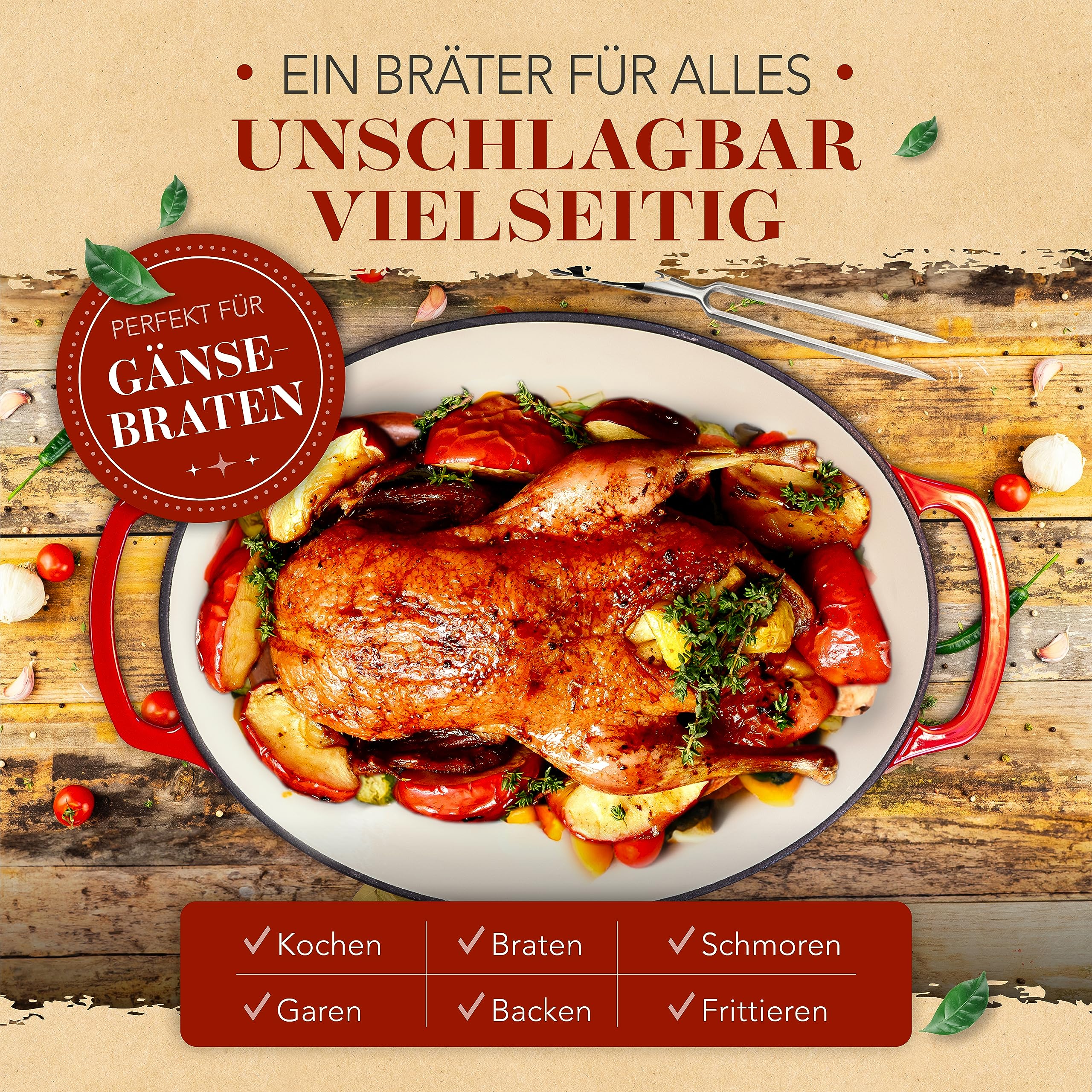 KRUSTENZAUBER 37 cm Gusseisen Bräter mit Deckel | Zartes Fleisch und aromatische Schmorgerichte, Bräter mit Deckel für Ofen & Induktion, 9 kg Gusseisen, inkl. Geflügelschere
