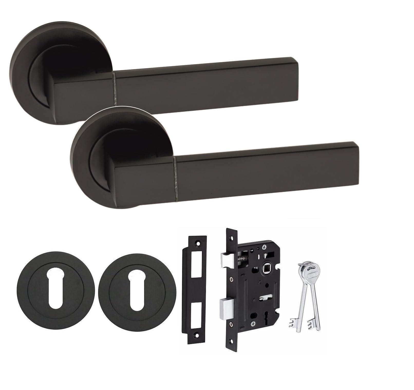 Golden Grace Capri Design Door Handle Matt Black Finish Key Lock Door Handle Set with 64mm 3 Lever Mortise Lock and Key Hole on Round Rose