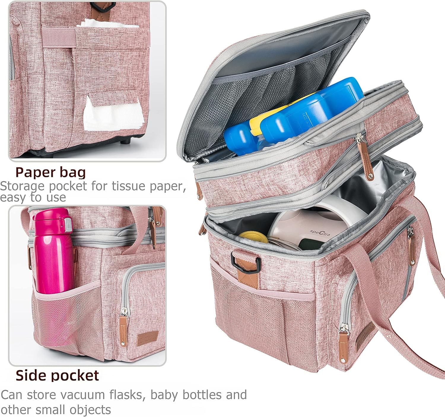 MOV COMPRA Lunch Bag for Women Men, Expandable Large Adult Insulated Lunch Box for Work, Leakproof Double Deck Lunch Box Cooler Tote Bag with Removable Shoulder Strap (PINK) - Image 4