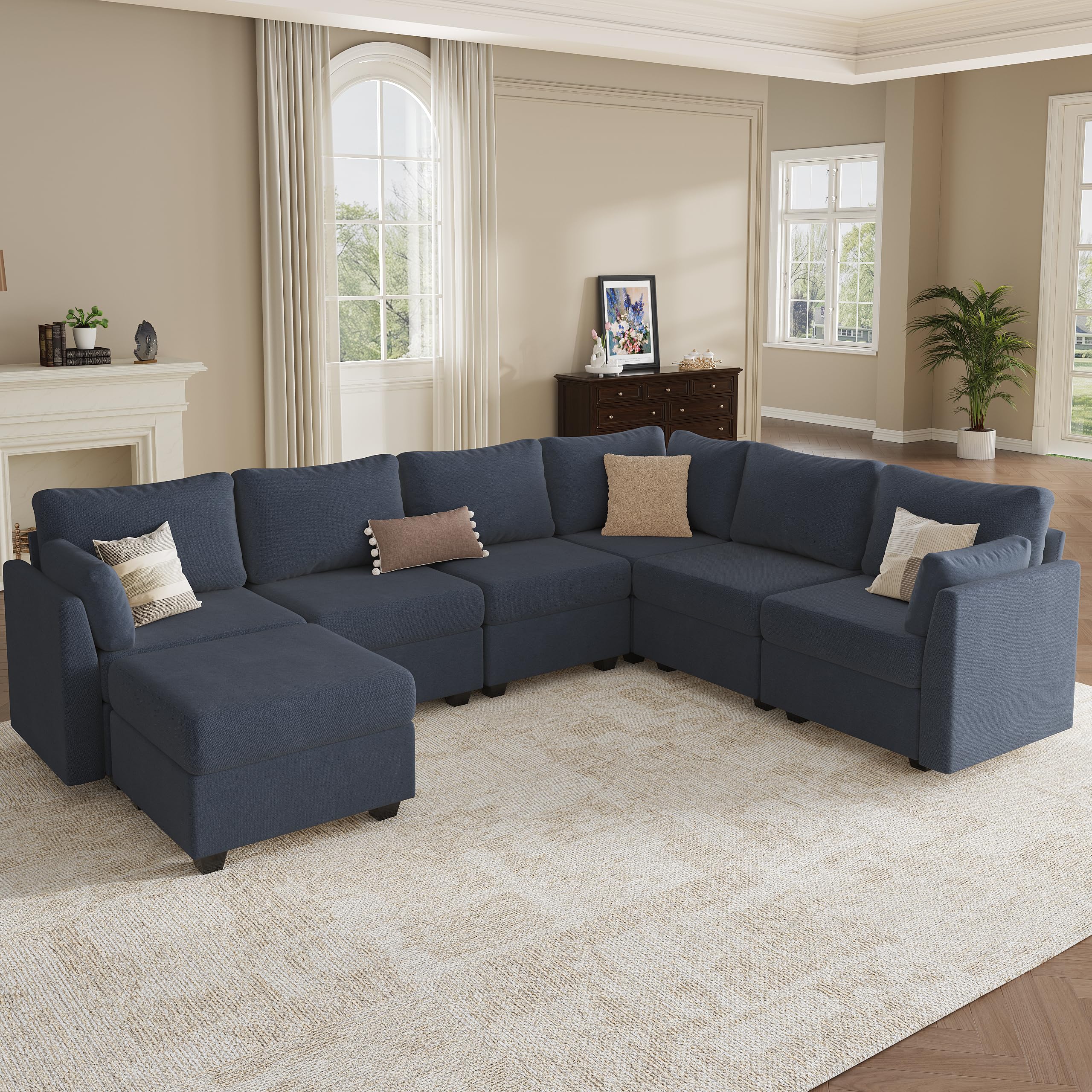 (incomplete 6 boxes of 8)(missing 2 of 8 and 8 of 8) Modular Sectional Sofa Couches, Large Convertible Modular Couches With Storage, 7-Seater Sectional Sofa For Living Room, U Shaped Sectional Couch Sleeper Sofa With Chaise (BlueGrey, 7 Seats)
