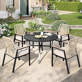 5 Pieces Round Outdoor Dining Set for 4, Patio Dining Set Wicker Rattan Chairs with Soft Cushion and 42" Round Table with Umbrella Hole, Round Patio Table and Chairs for Backyard Porch