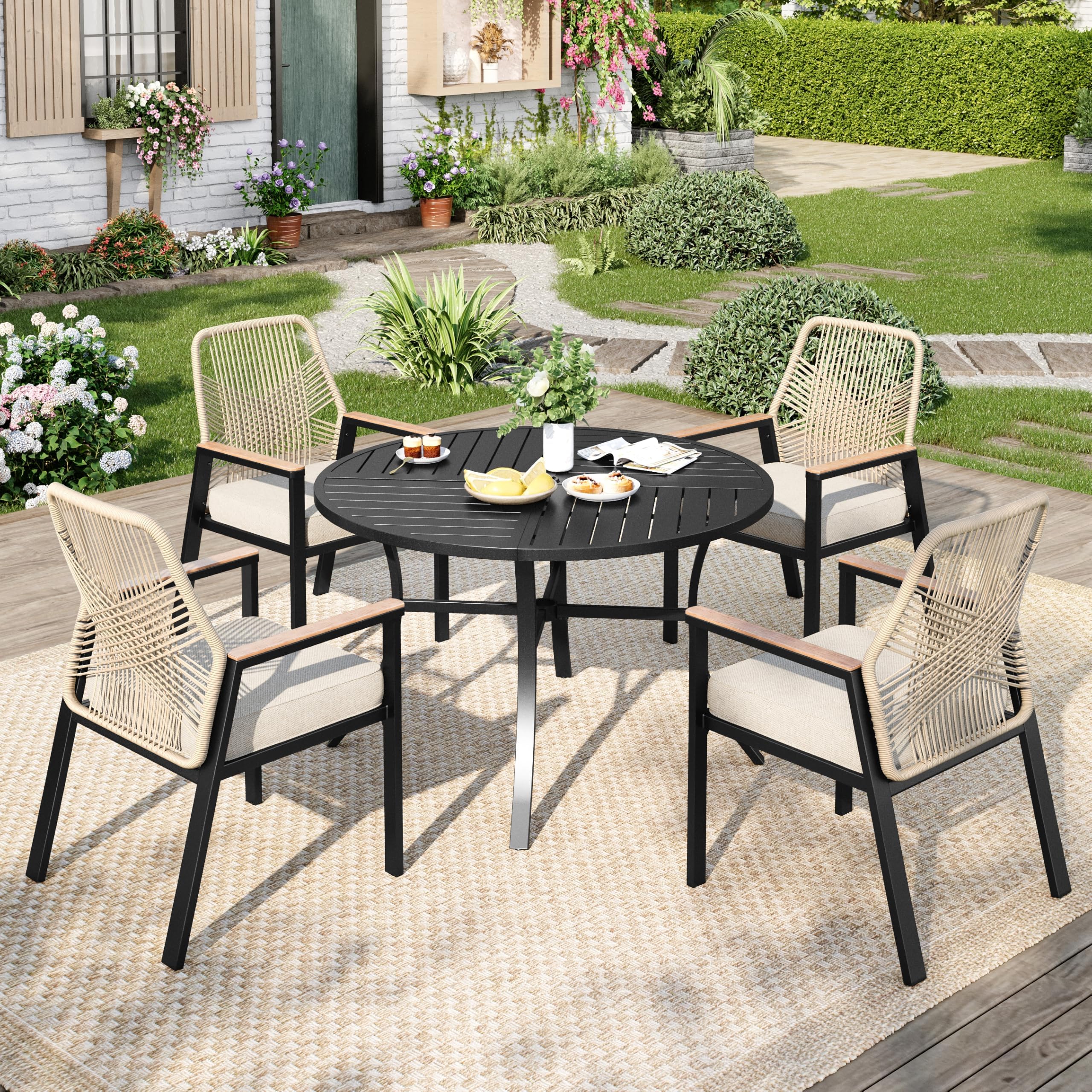 5 Pieces Round Outdoor Dining Set for 4, Patio Dining Set Wicker Rattan Chairs with Soft Cushion and 42" Round Table with Umbrella Hole, Round Patio Table and Chairs for Backyard Porch