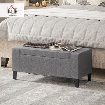 HOMCOM Storage Ottoman, Linen Upholstered Storage Bench with Lift Top and Button Tufted for Living Room, Gray