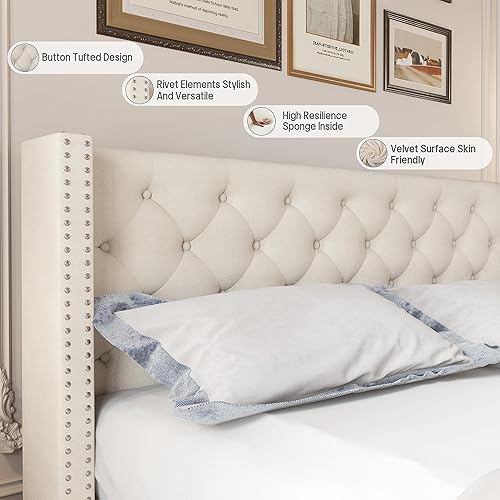Miniatura 6 de ZeeFu Base de cama con respaldo tapizado, plataforma de terciopelo beige con cabecera capitonada de botón de diamante, listones de madera