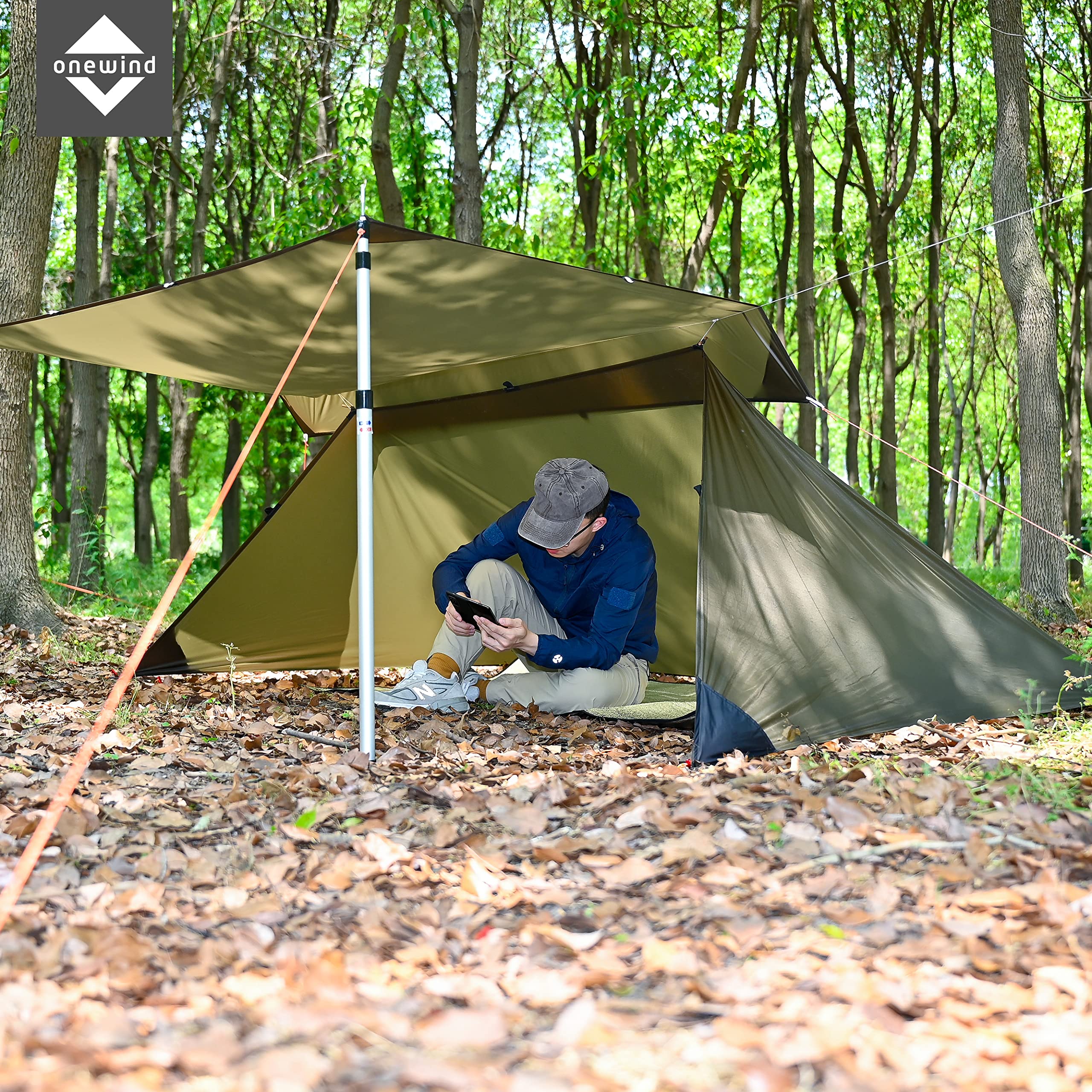 Onewind Camping Shelter mit Moskitonetz, Zelt Emergency Survival Shelter, leicht, wiederverwendbar, regenfest Winddicht mit Pfählen und Abspannleine für Camping, Wandern und Backpacking, OD Green