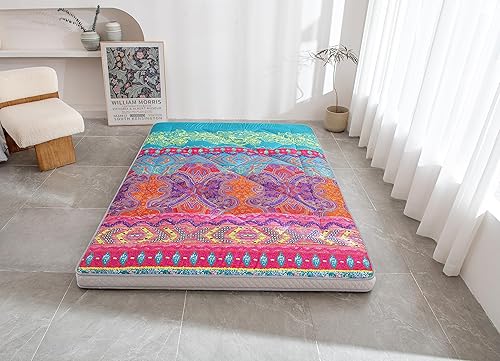 Miniatura 4 de Colchón de futón japonés para suelo, plegable y portátil, grueso, para acampar, cama doble, color azul bohemio