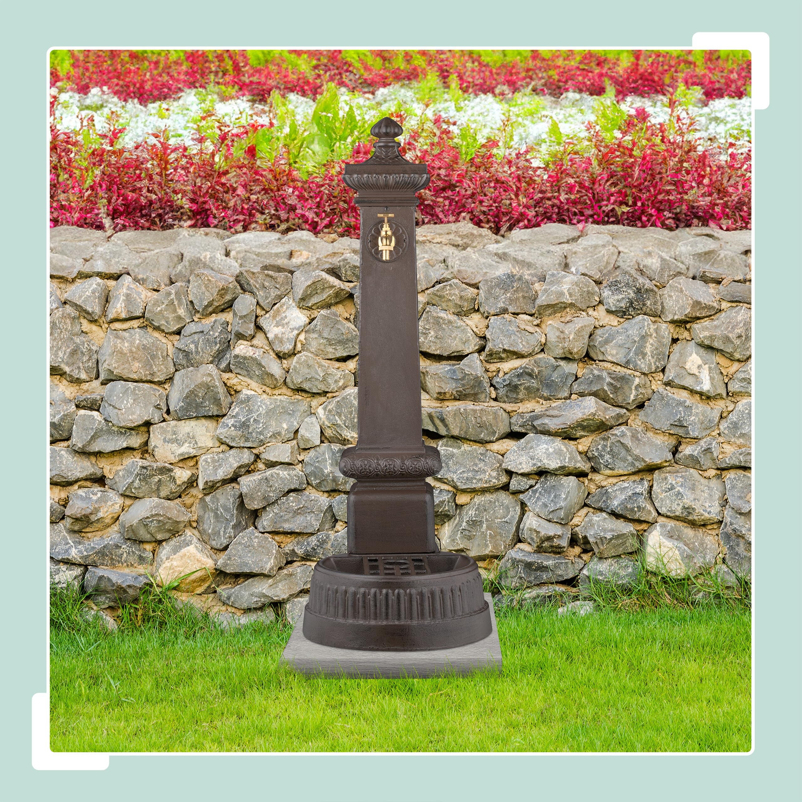 Relaxdays Fuente de Pie Antigua, con Grifo y Lavabo, 100x44,5x38cm, Bebedero Jardín, Terraza, Aluminio Fundido, Marrón, Acero