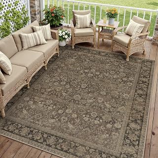 8x10 Indoor/Outdoor Rug Brown Linen-Look Fabric Vintage Area Rug High Traffic Stain Resistant Easy Clean Durable Rugs for Living Kitchen Patio Deck Balcony Porc