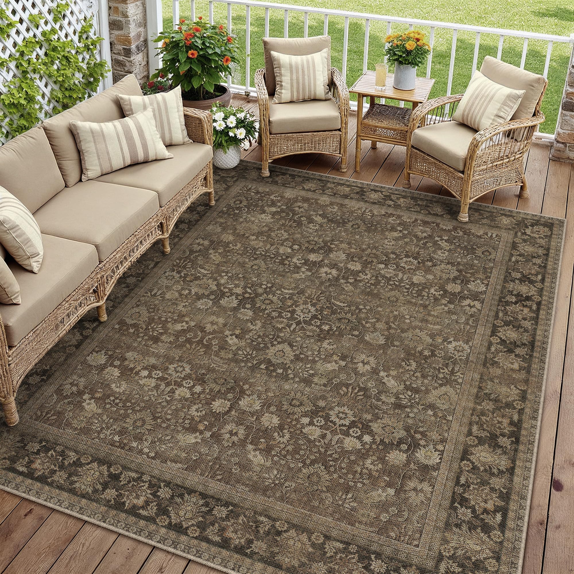 HUGEAR 8x10 Indoor/Outdoor Rug Brown Linen-Look Fabric Vintage Area Rug High Traffic Stain Resistant Easy Clean Durable Rugs for Living Kitchen Patio Deck Balcony Porch Garden Courtyard