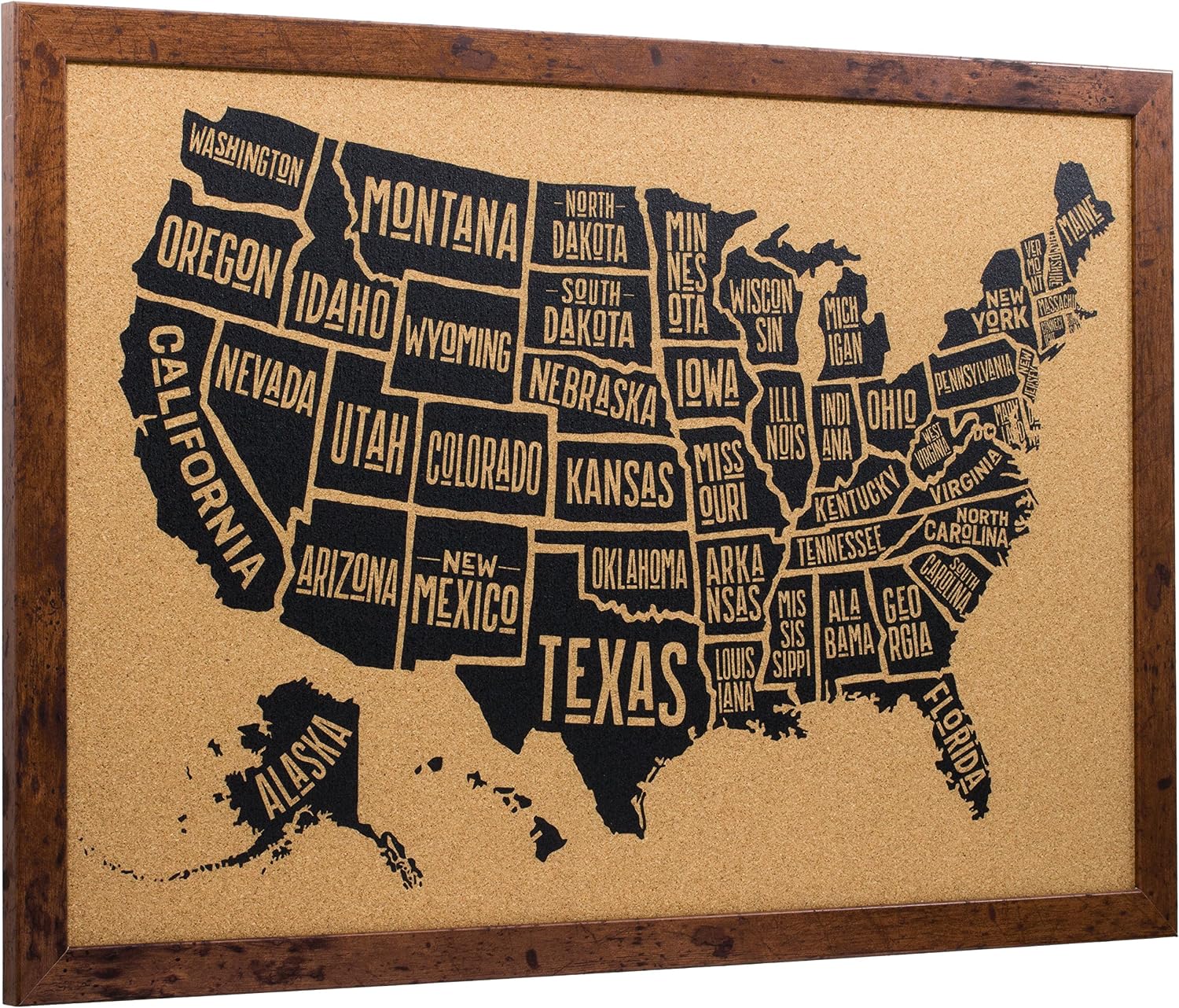 Craig Frames Wayfarer Cork Board, Typographic United States Push Pin Travel Map, Rustic Dark Walnut Frame and Pins, 16 x 20 Inch