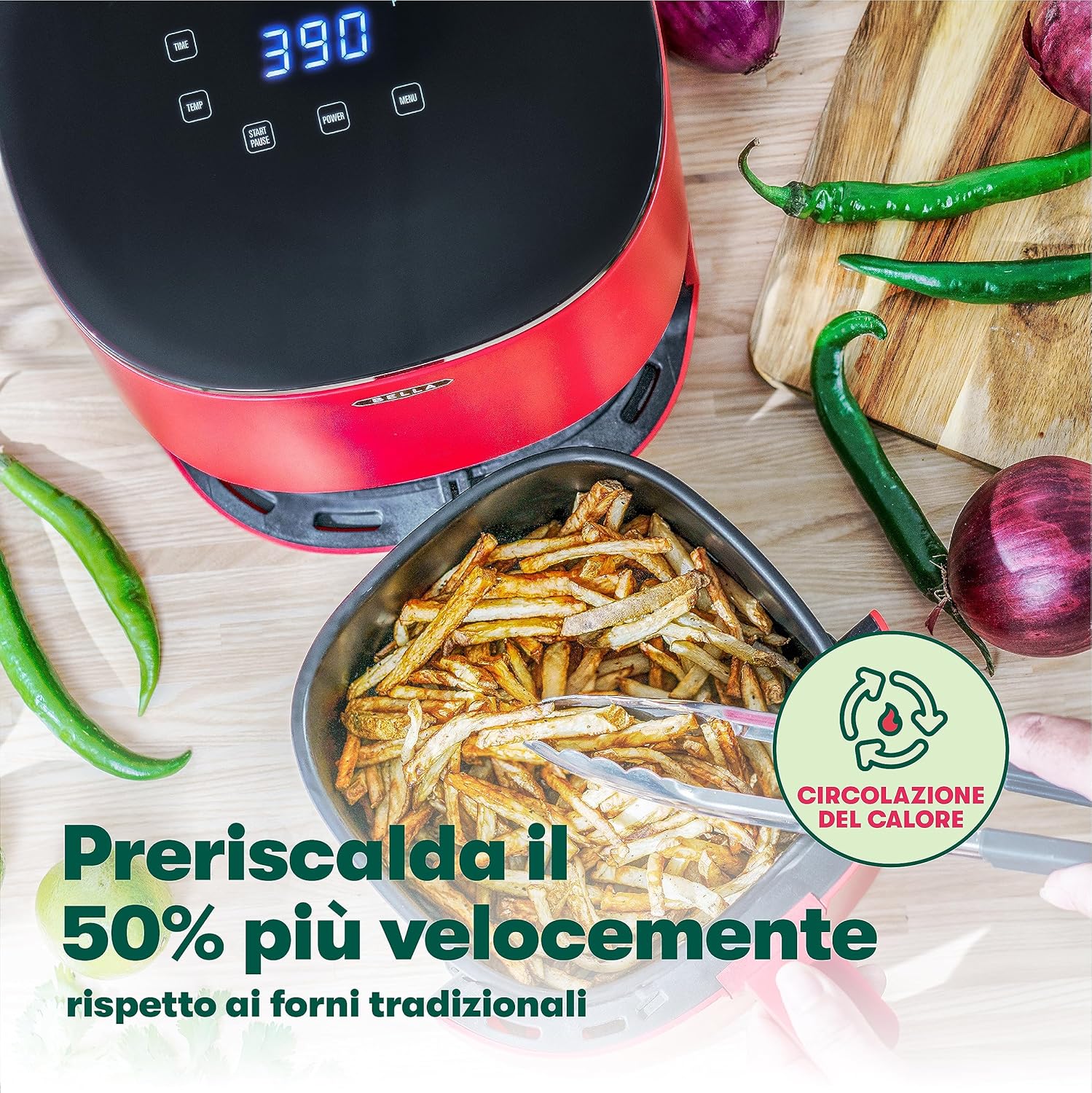 Friggitrice ad aria BELLA Touchscreen da 2,7 L, frittura senza olio, cestello antiaderente e griglia di cottura rimovibili e lavabili in lavastoviglie, rosso opaco