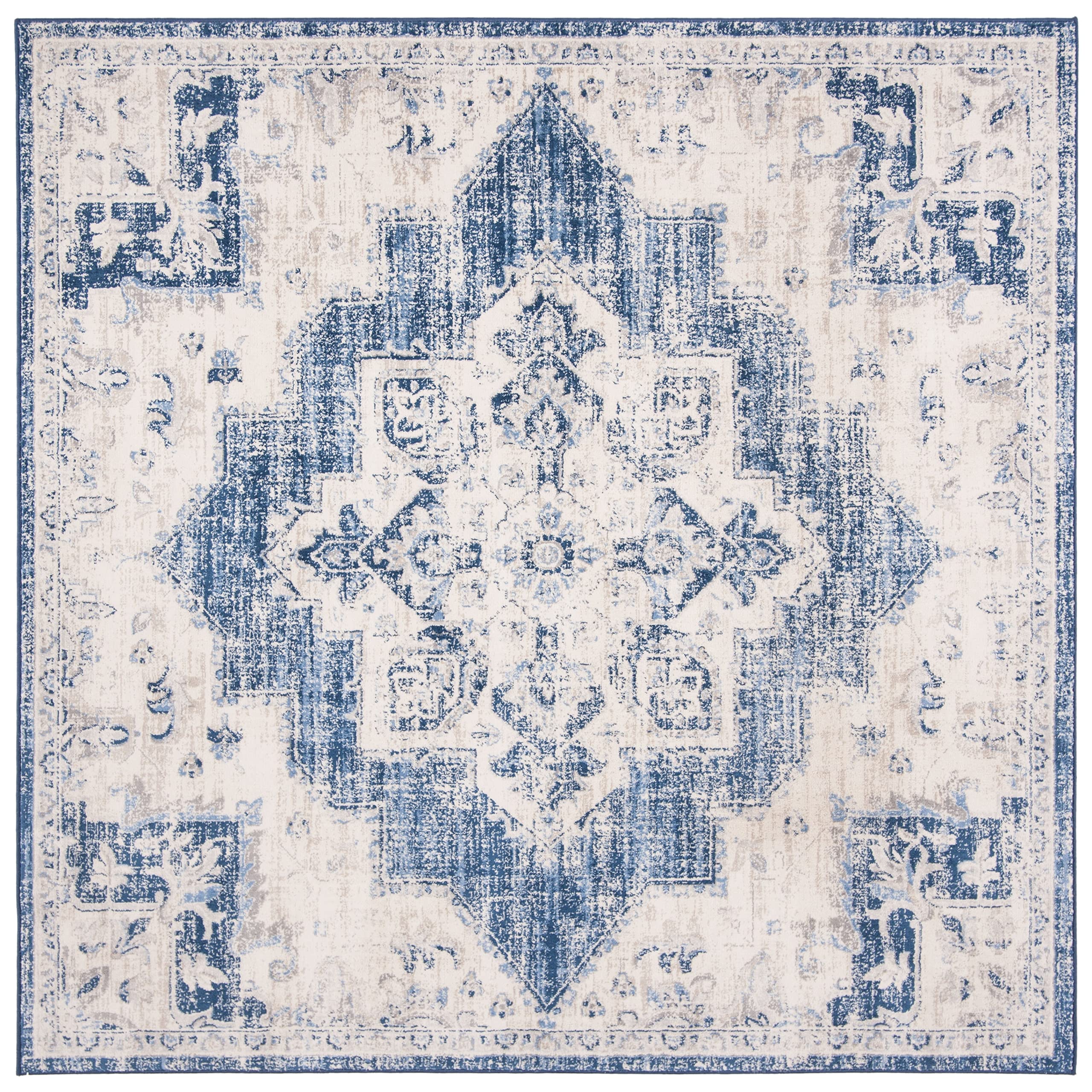 SAFAVIEH Brentwood Collection Area Rug - 10' Square, Ivory & Navy, Medallion Distressed Design, Non-Shedding & Easy to Clean, Ideal for Living Room,