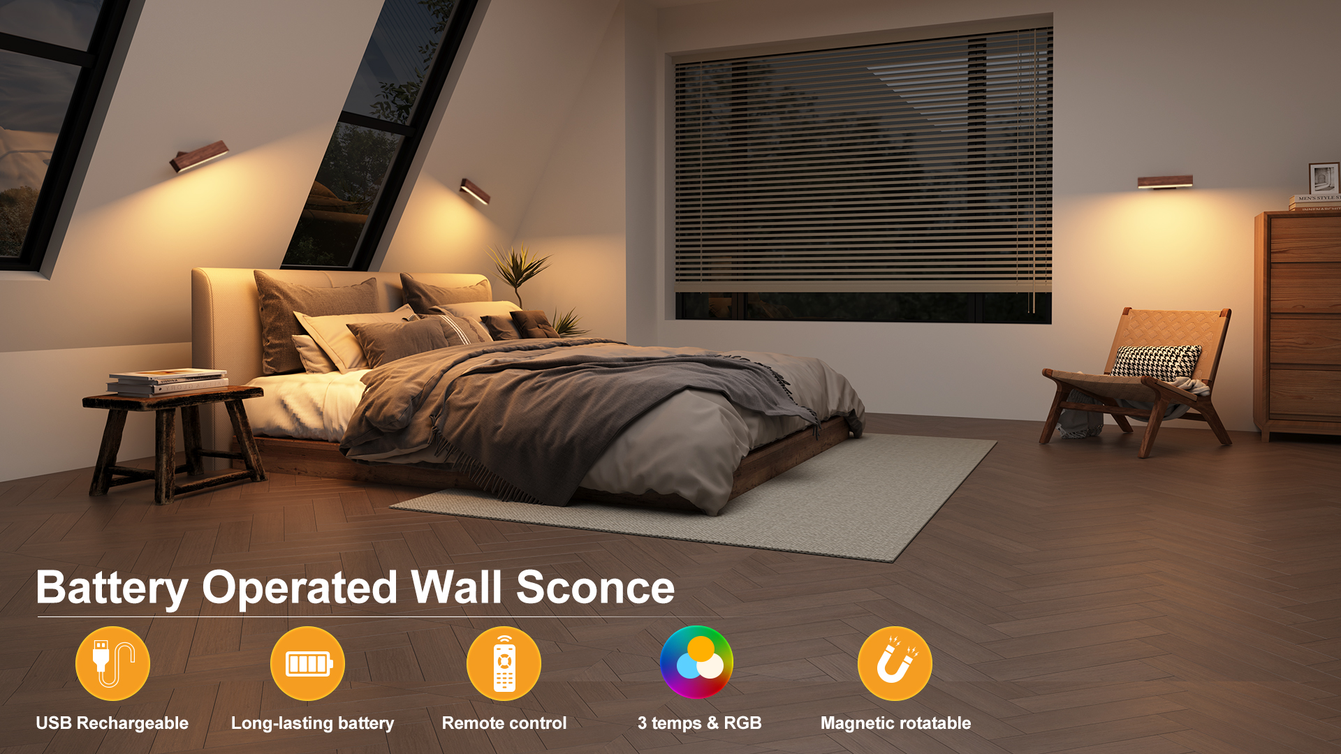 Image of Rechargeable Wood Wall Sconce (2 Pack) with Remote & Touch, 5200mAh Battery Operated Wall Lights with 3 Color Temperatures & RGB. Magnetic, Stick-On, Dimmable Wall Reading Lamp for Bedroom, Picture