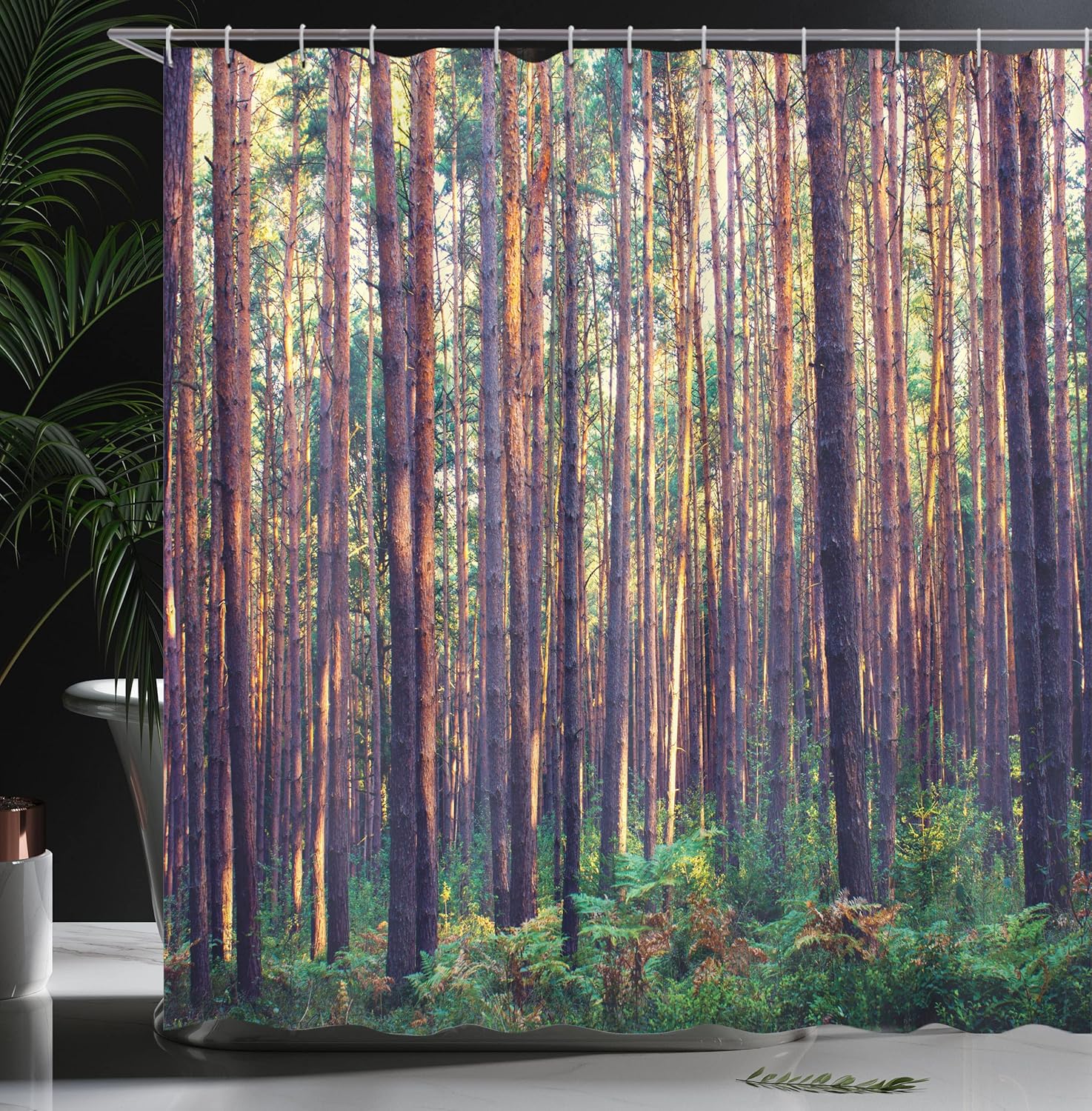 Ambesonne Forest Shower Curtain, Forest in The Morning Tall Trees Trunks Greenery Natural Environment Picture Print, Cloth Fabric Bathroom Decor Set with Hooks, 69" W x 75" L, Green Brown