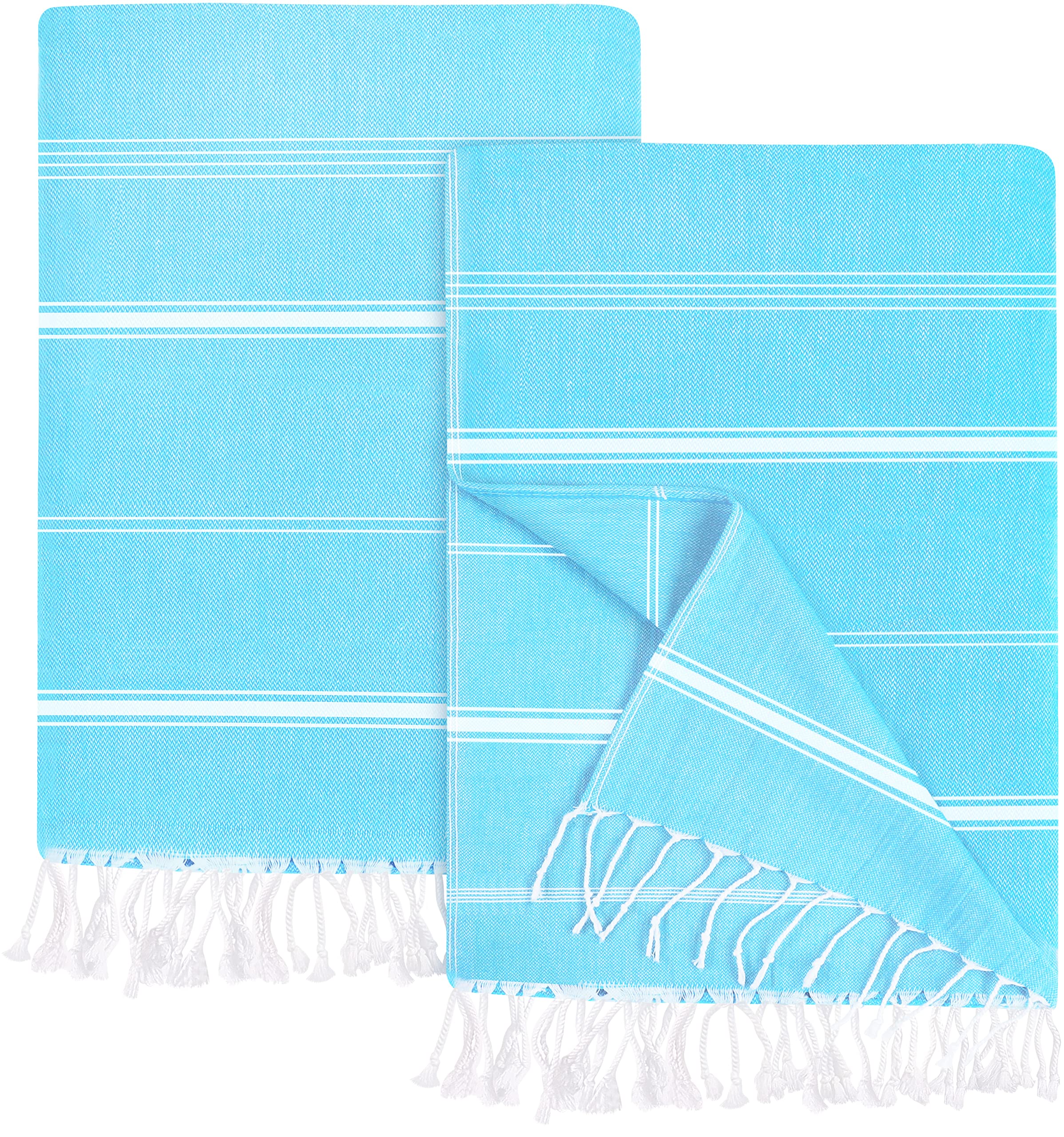 2 Pack Turkish Beach Towel (100 x 180 cm) - 100% Cotton Oversized Sand Free Lightweight Quick-Dry Turkish Towel, Prewashed for Soft Feel, Large Peshtemal Towel for Travel (Blue)