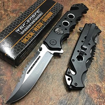 TAC-FORCE Assisted Opening Linerlock Black/White Skulls Design A/O Speed Rescue Glass Breaker Knife